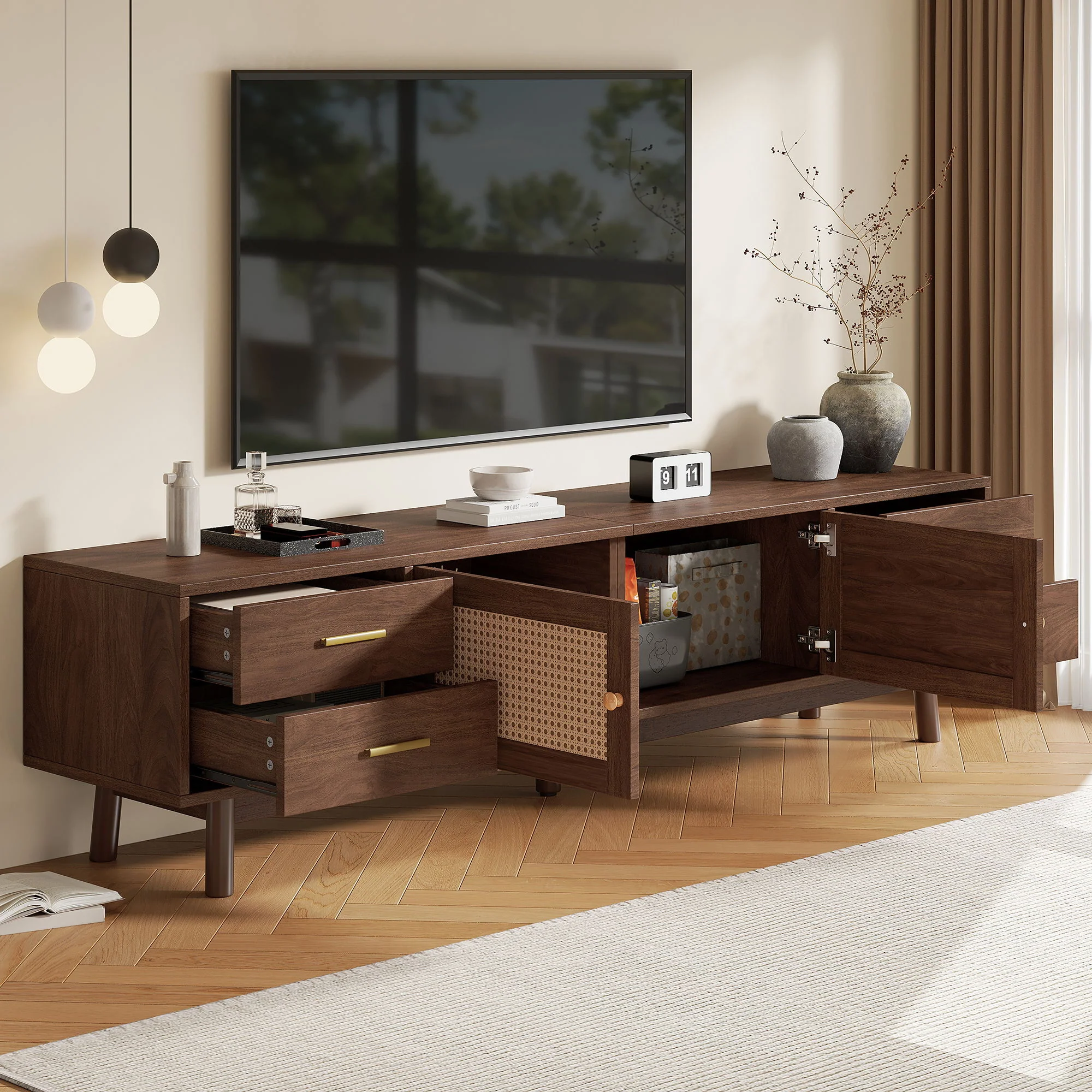 70" TV Stand With Doors For TVs Up To 80", Media Console With 4 Drawers & Cable Holes - Dark Brown - Image 6