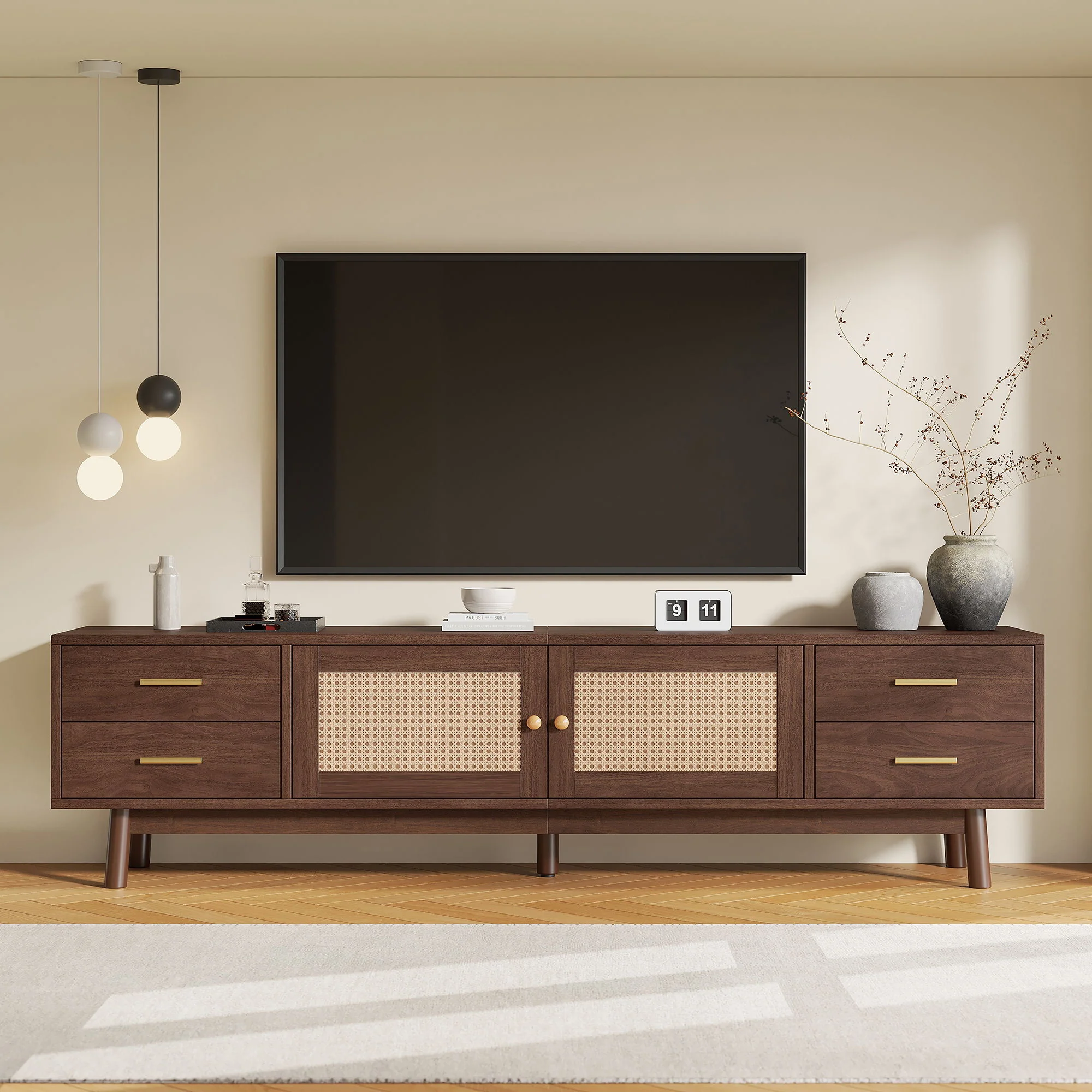 70" TV Stand With Doors For TVs Up To 80", Media Console With 4 Drawers & Cable Holes - Dark Brown - Image 8