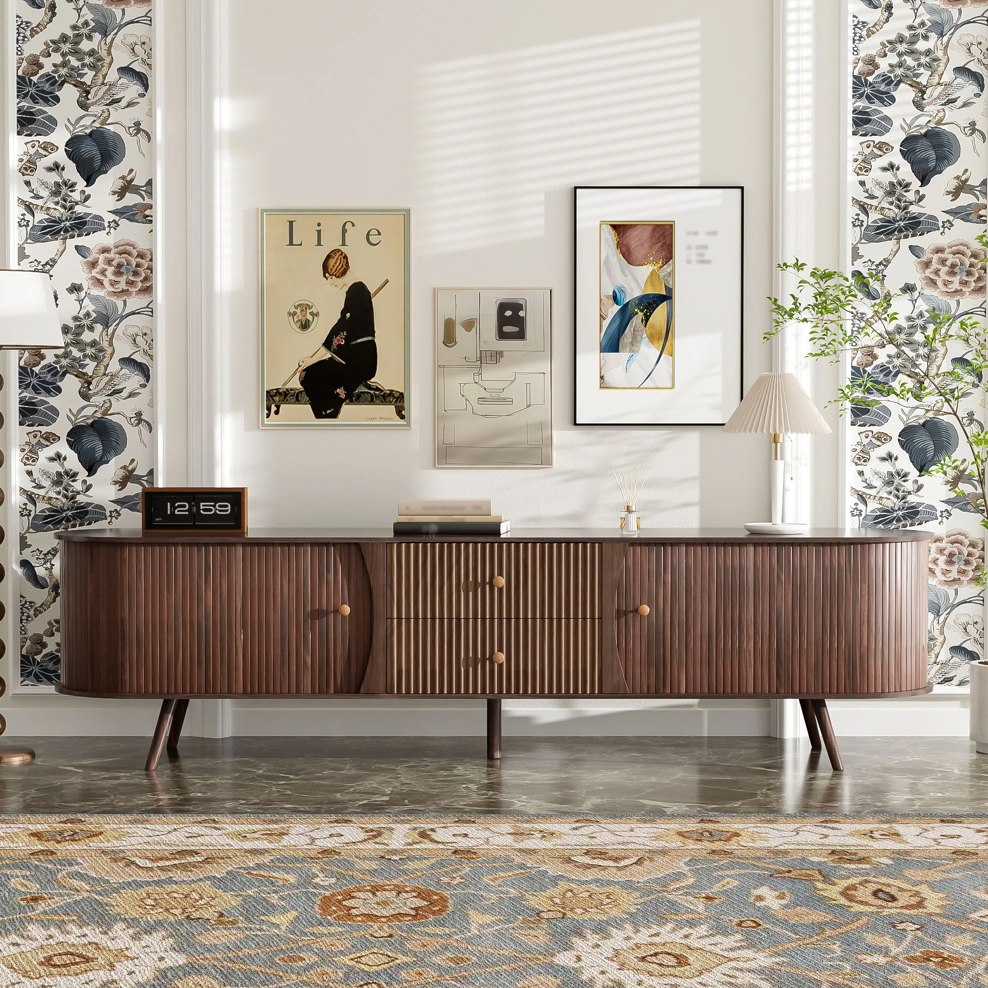 70" TV Stand With Tambour Doors And Fluted Drawers - Dark Brown - Image 3