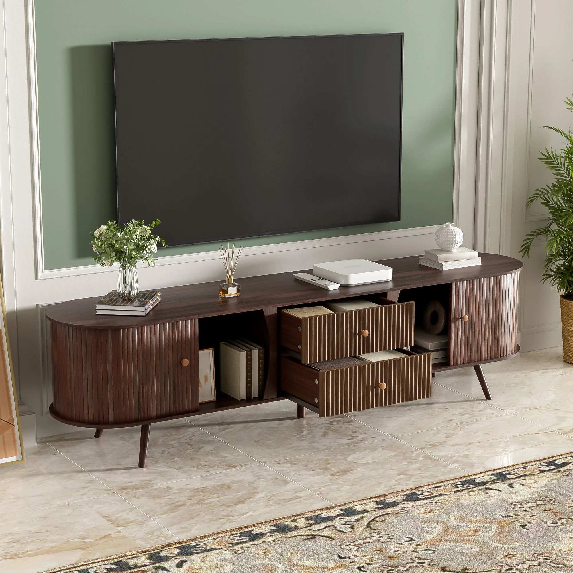 70" TV Stand With Tambour Doors And Fluted Drawers - Dark Brown - Image 5