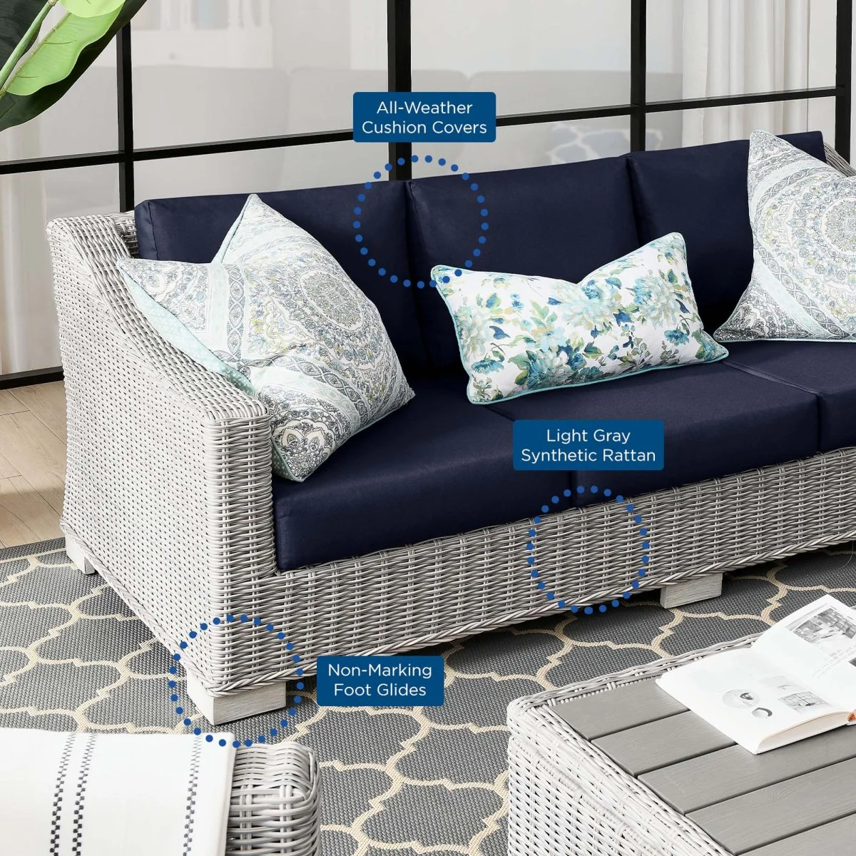 78" Light Gray Wicker Outdoor Sofa with Cushions — Modern Weather-Resistant Patio Seating - Image 11