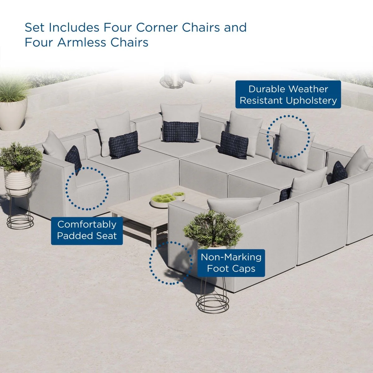 8-Piece Outdoor Upholstered Aluminum Sectional Sofa with Cushions and Modular Design - Image 12