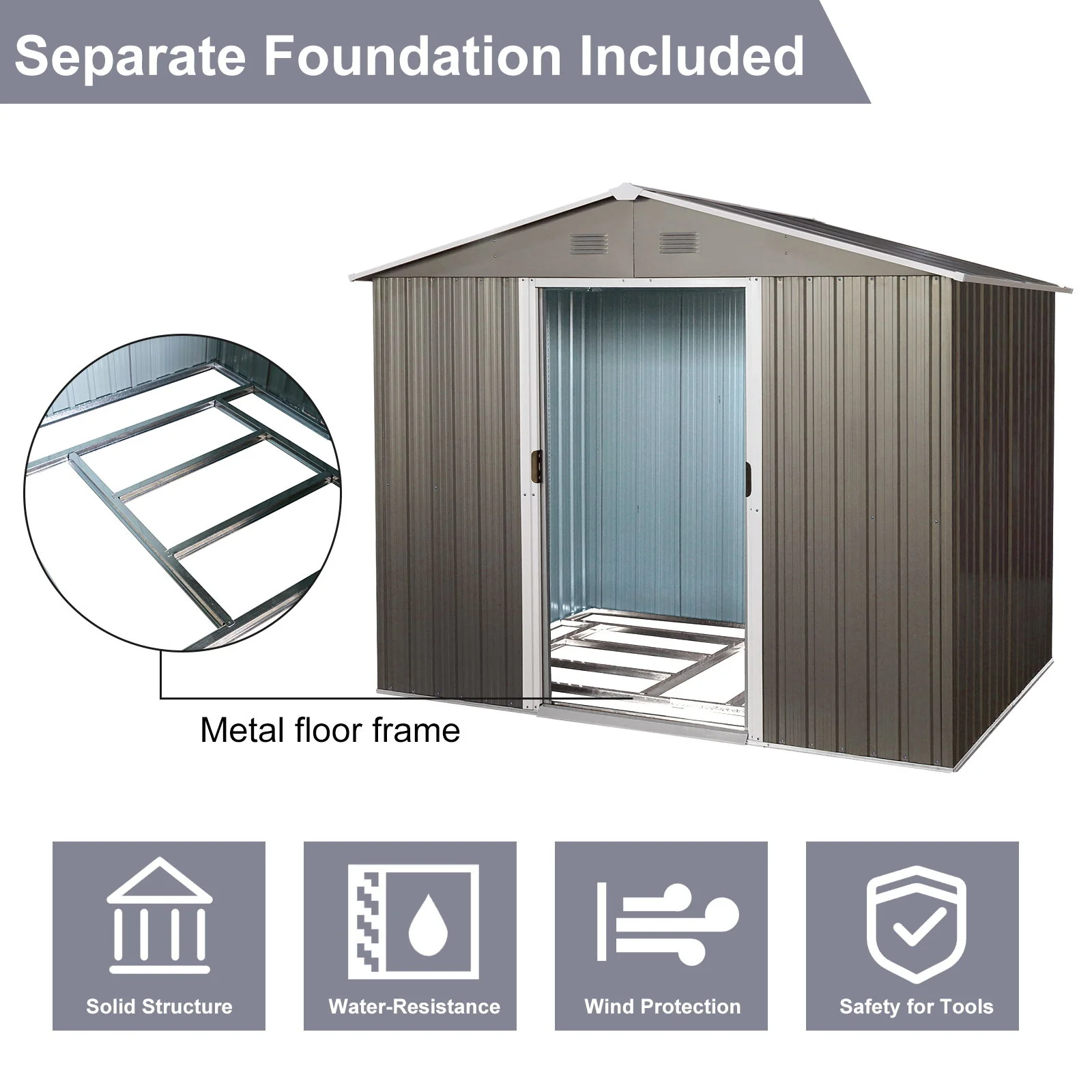 8Ft x 6Ft Outdoor Metal Storage Shed With Floor Base (SKU: W540S00012) - Gray - Image 5