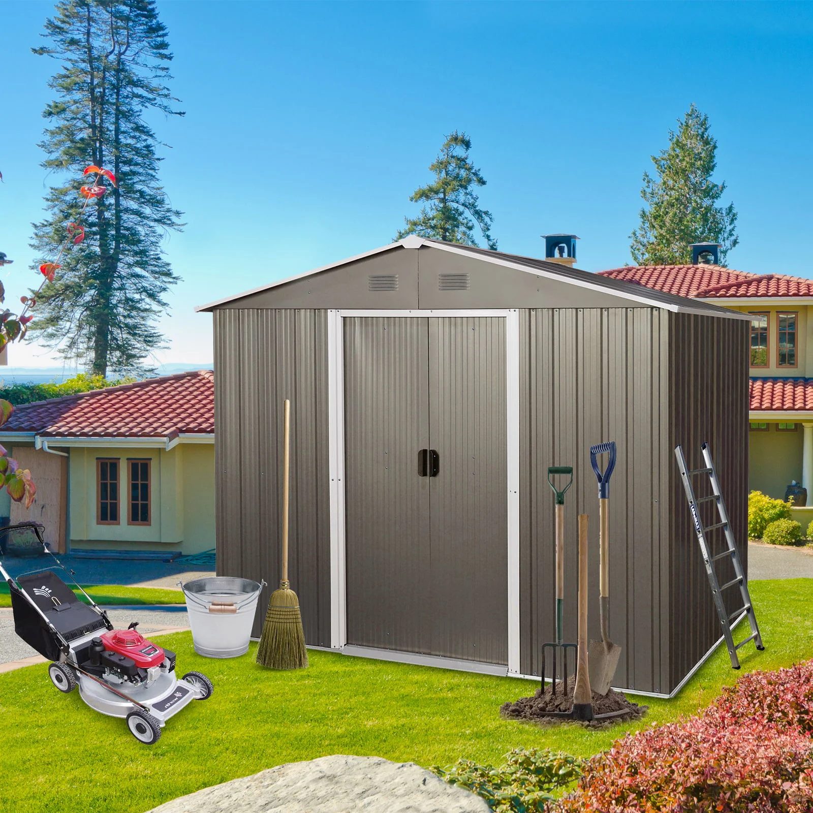 8Ft x 6Ft Outdoor Metal Storage Shed With Floor Base (SKU: W540S00012) - Gray - Image 8