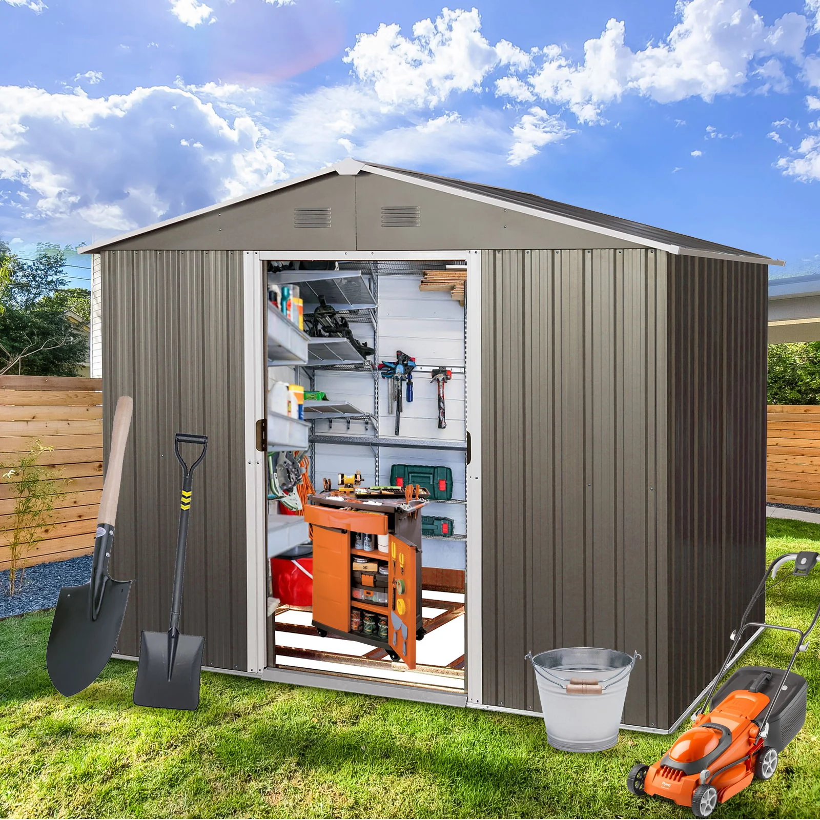 8Ft x 6Ft Outdoor Metal Storage Shed With Floor Base (SKU: W540S00012) - Gray - Image 9