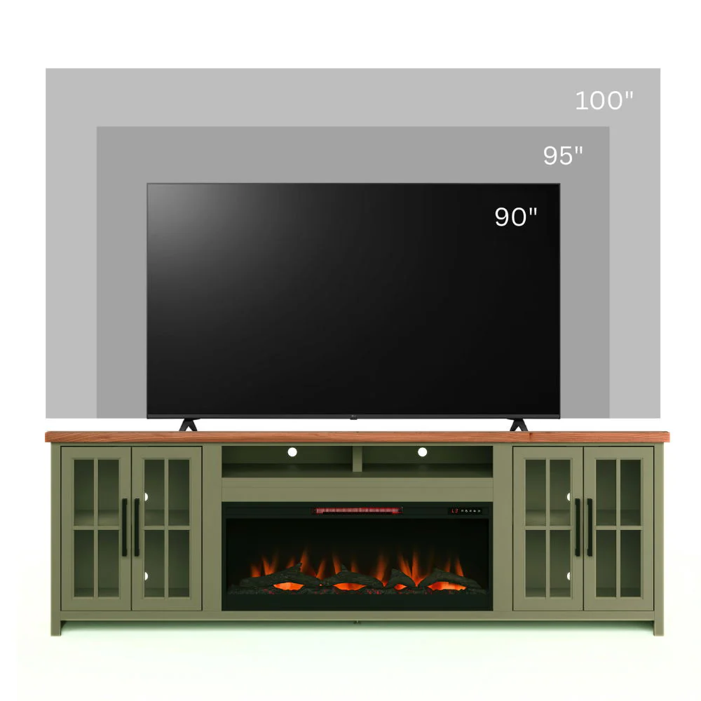 97" Fireplace TV Stand Console For TVs Up To 100" - Sage Green And Fruitwood Finish - Image 9