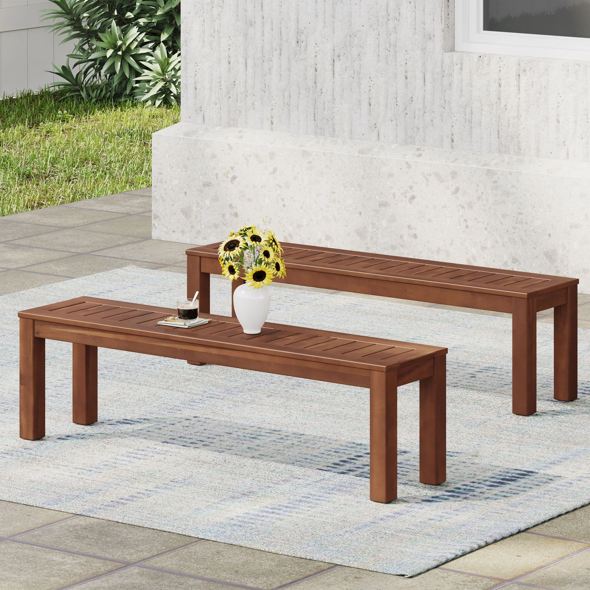 Acacia Wood Outdoor Bench With Beautiful Slat Paneling - Dark Brown - Image 2