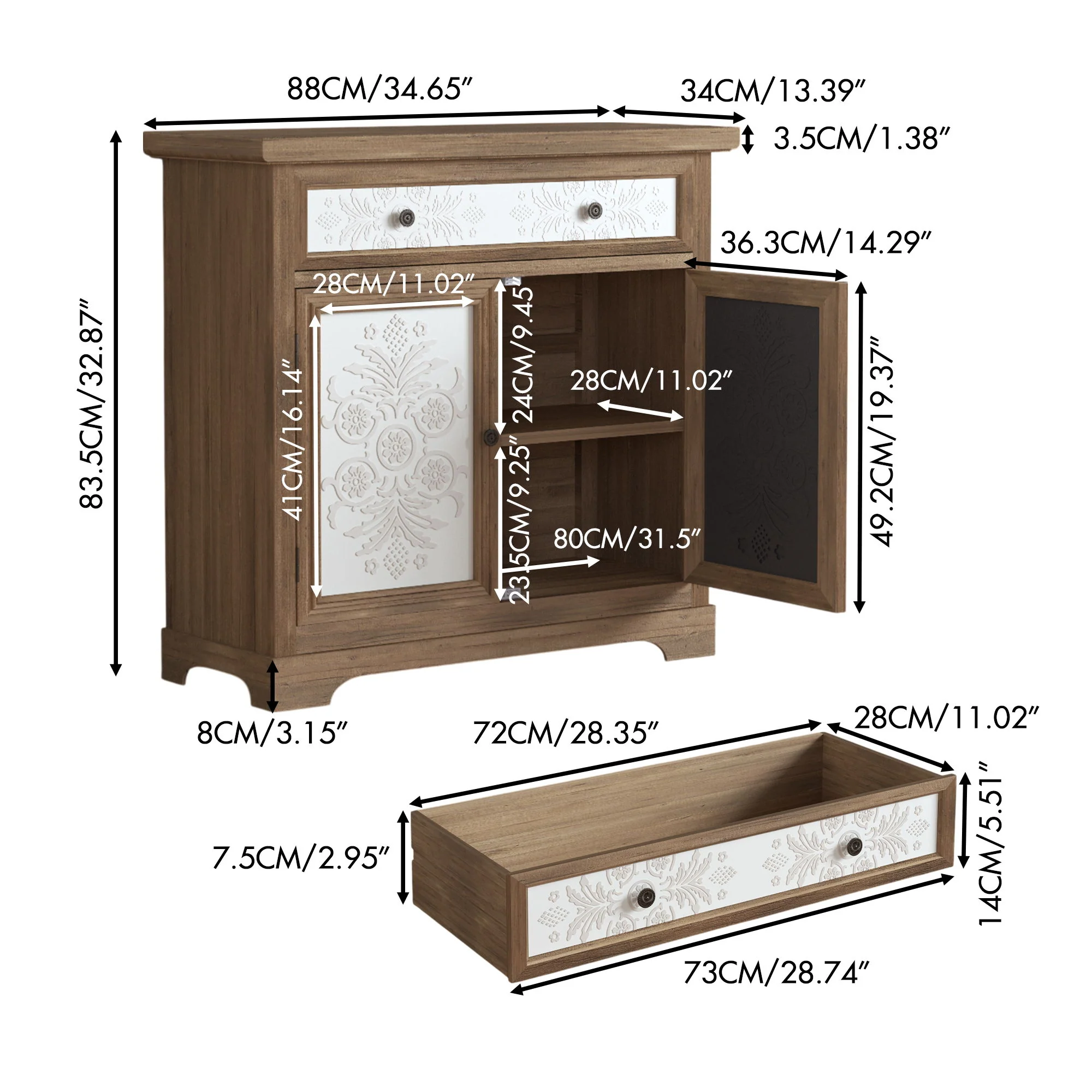 Accent Cabinet With Carved Floral Panels, Sideboard With Drawer And Double Doors - Antique Brown / White - Image 9