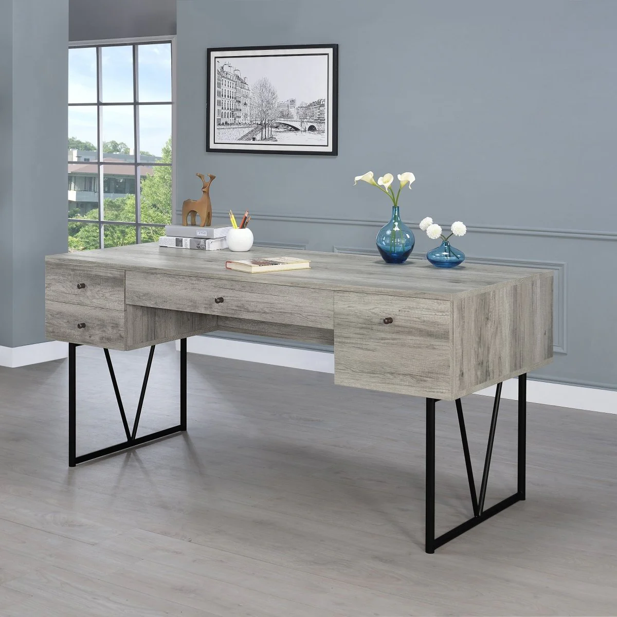 Analiese 63" 4-Drawer Writing Desk in Grey Driftwood - Image 5