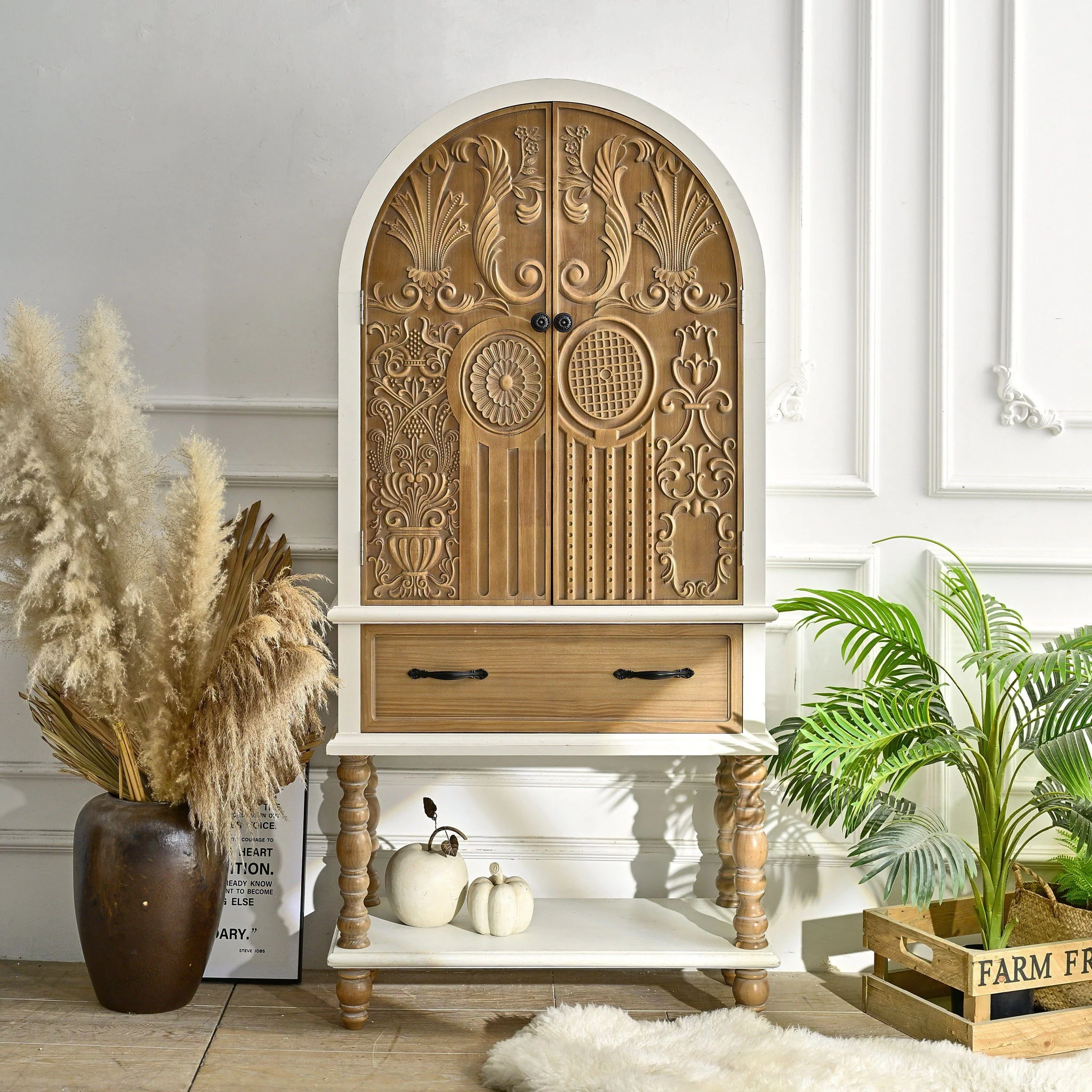 Arched Flower Carved Door Accent Sideboard Cabinet With 1 Drawer And Shelf, Cabinet For Kitchen - Natural / White - Image 8
