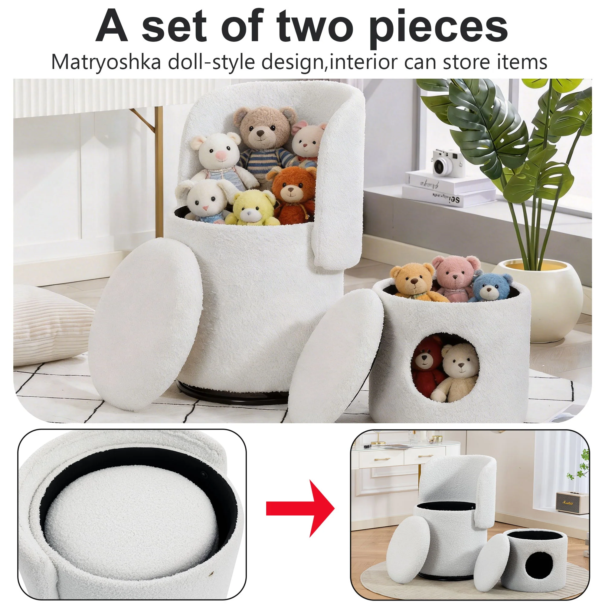 Barrel Chair & Built In Storage, 360° Swivel - Beige - Image 2