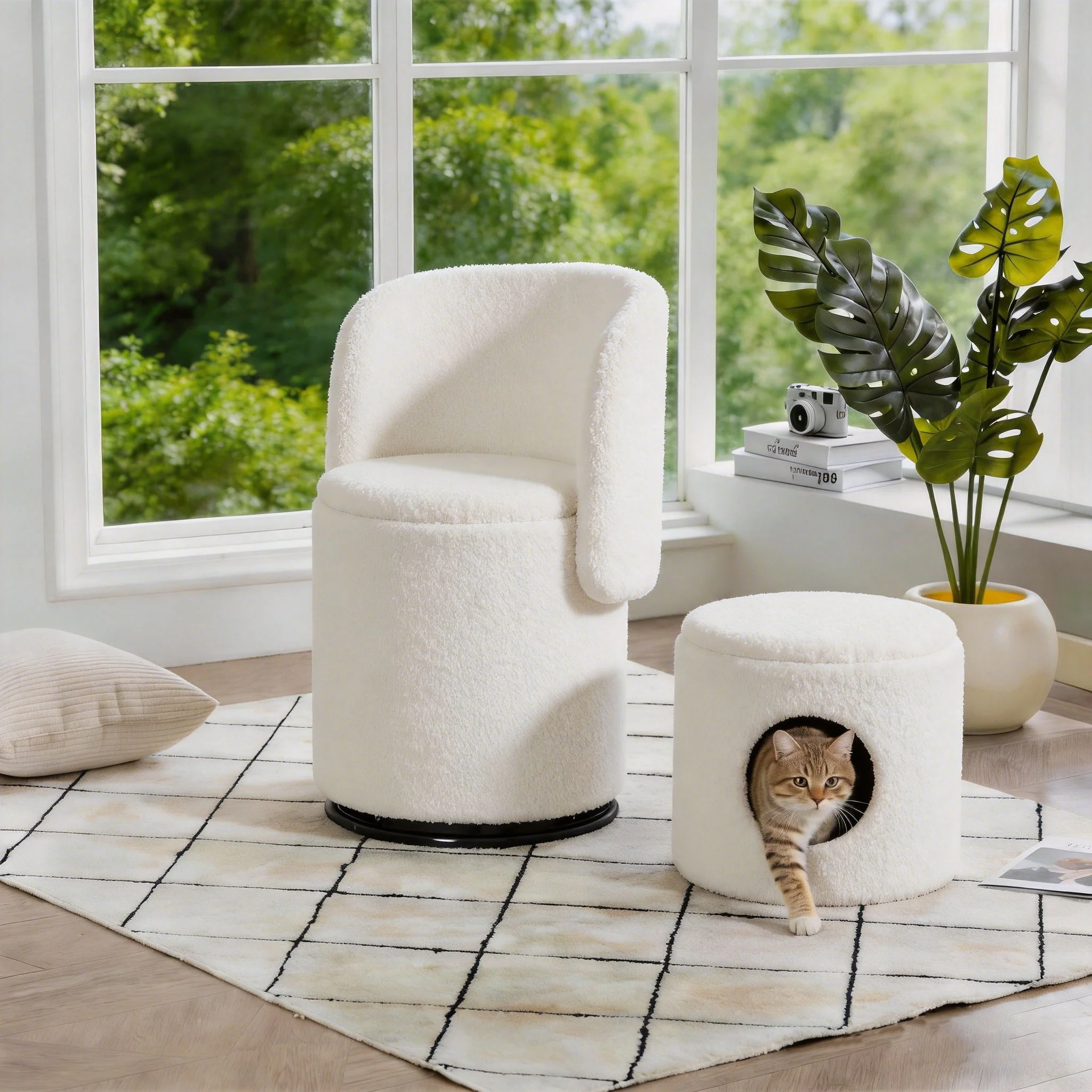 Barrel Chair & Built In Storage, 360° Swivel - Beige - Image 4