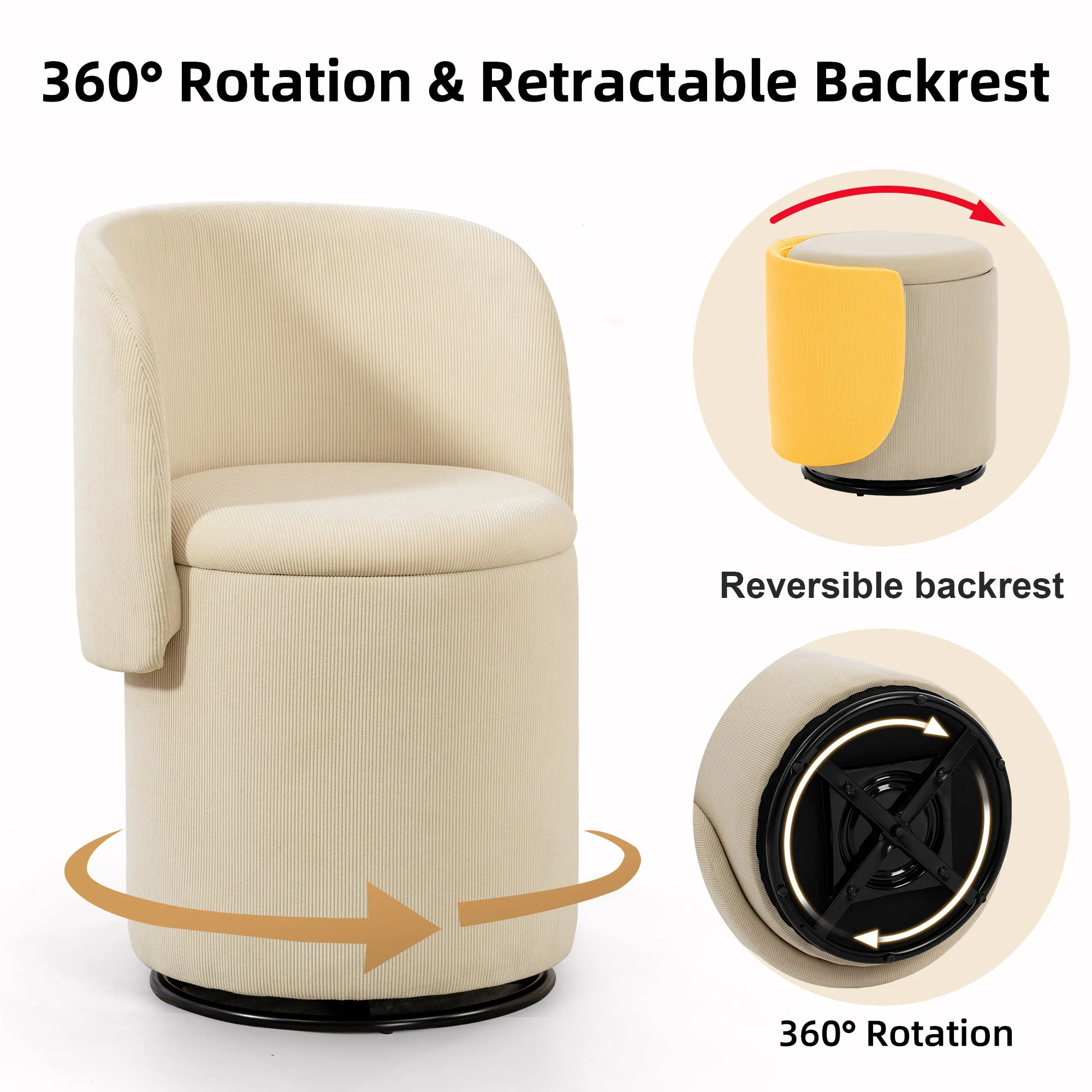 Barrel Chair, Built In Storage, 360° Swivel - Beige - Image 5