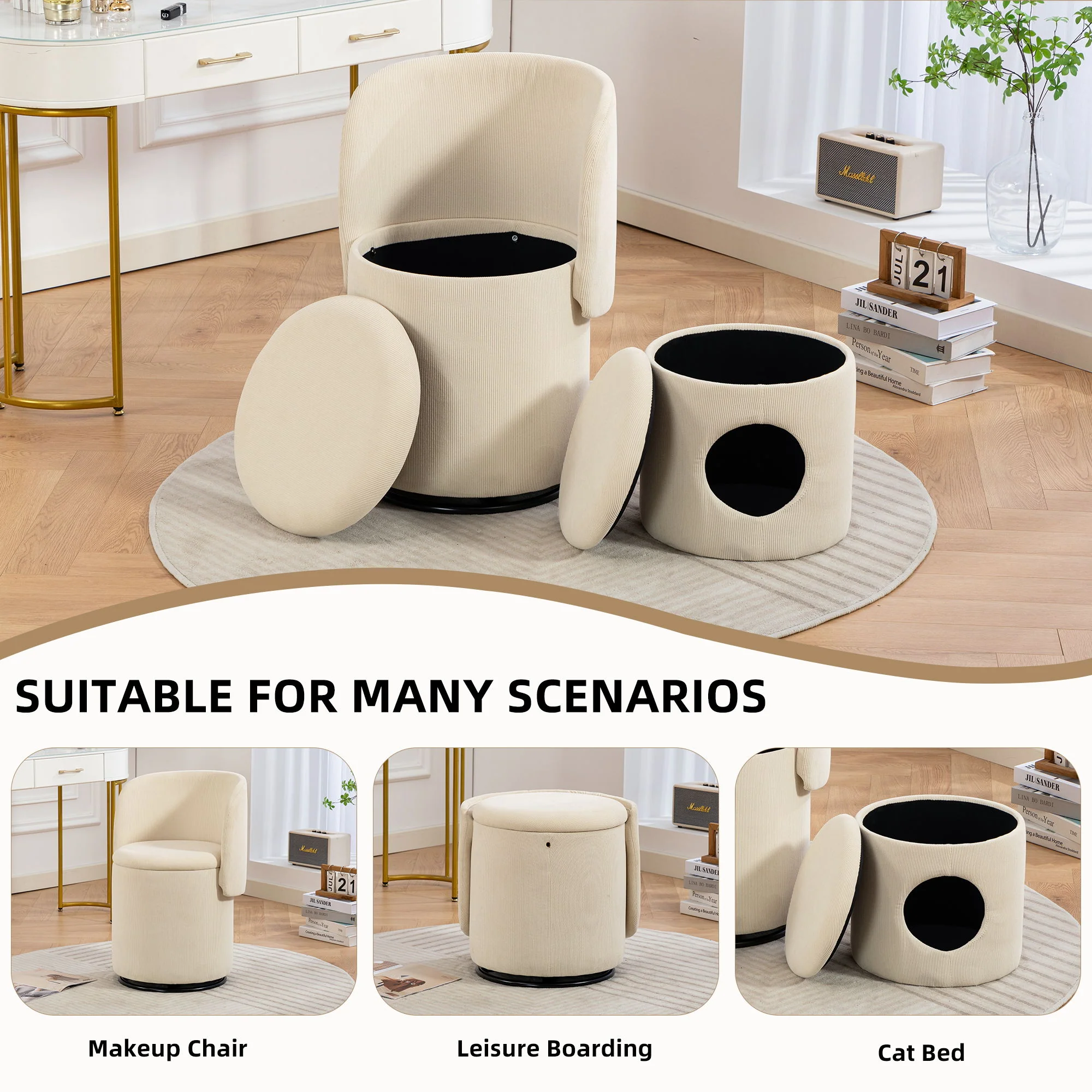 Barrel Chair, Built In Storage, 360° Swivel - Beige - Image 6