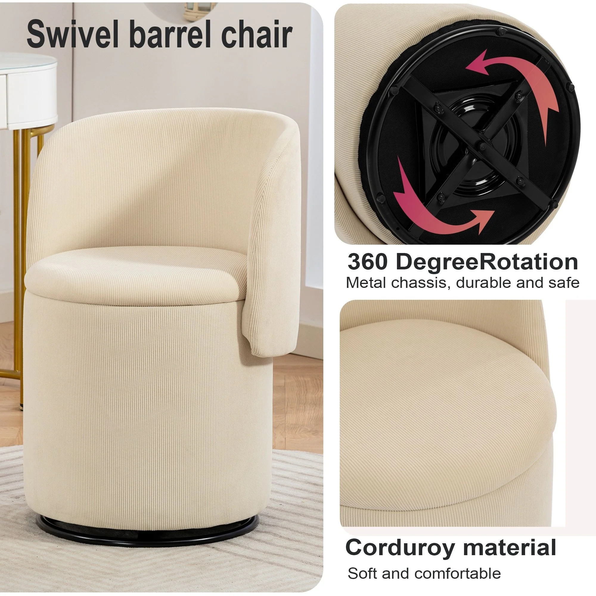 Barrel Chair, Built In Storage, 360° Swivel - Beige - Image 8