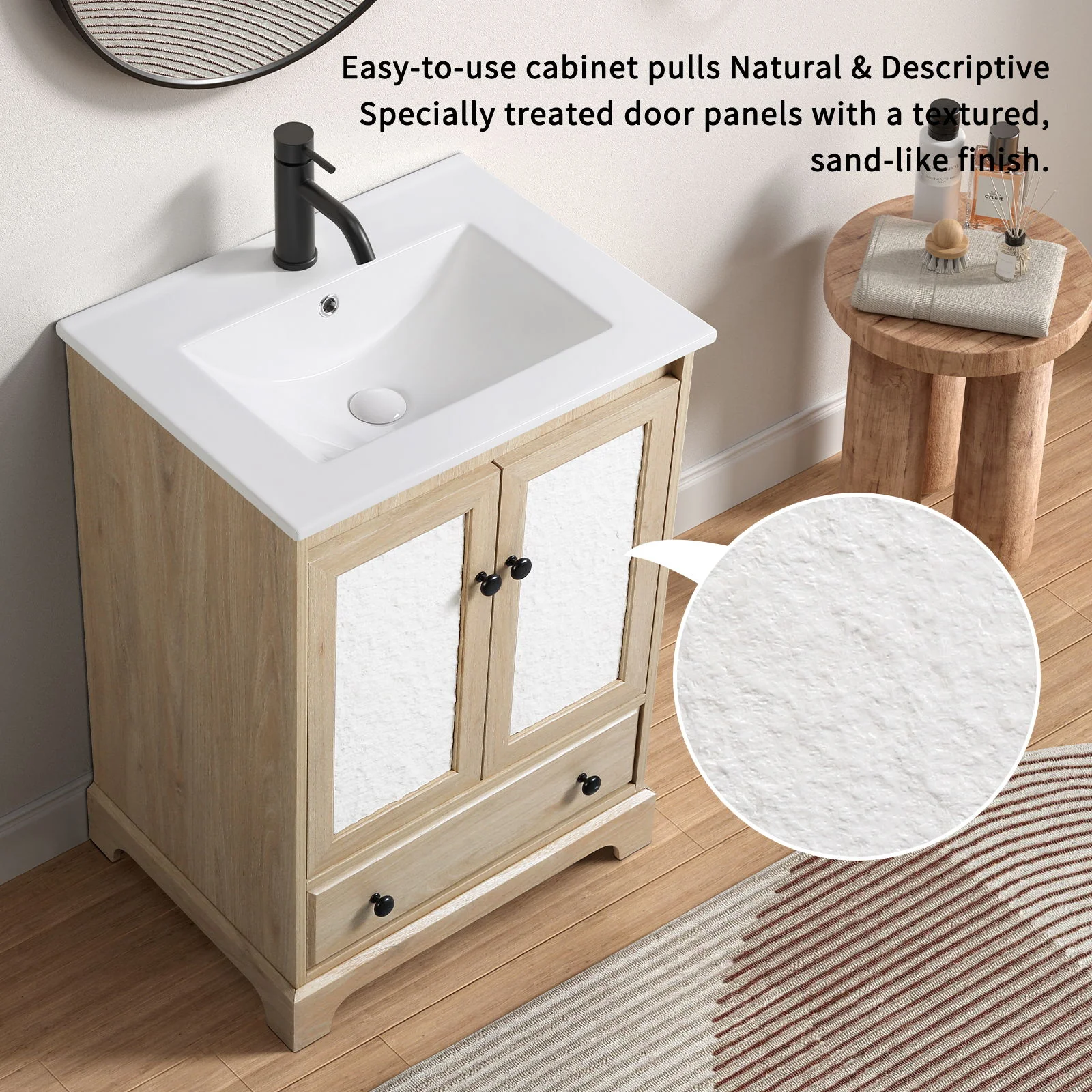 Bathroom Vanity Base, Cabinet With Carved Floral Doors - Natural Wood - Image 2