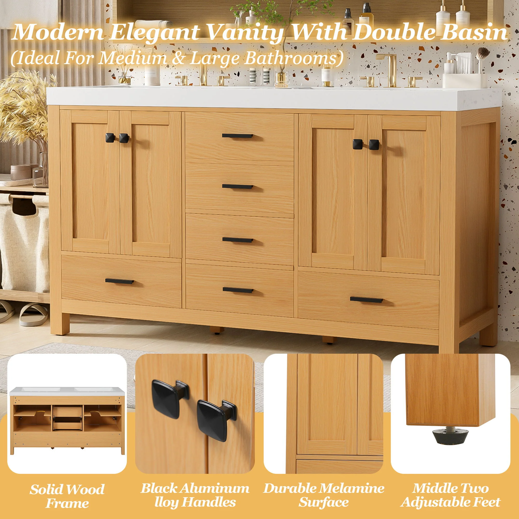 Bathroom Vanity With Double Sink, Soft Close Doors & Drawers Handles - Wood - Image 2