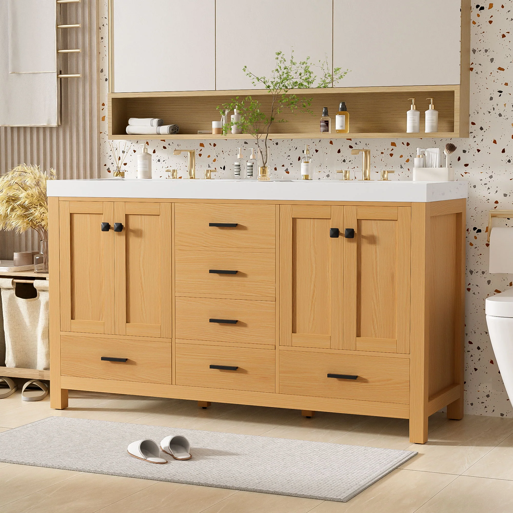 Bathroom Vanity With Double Sink, Soft Close Doors & Drawers Handles - Wood - Image 3