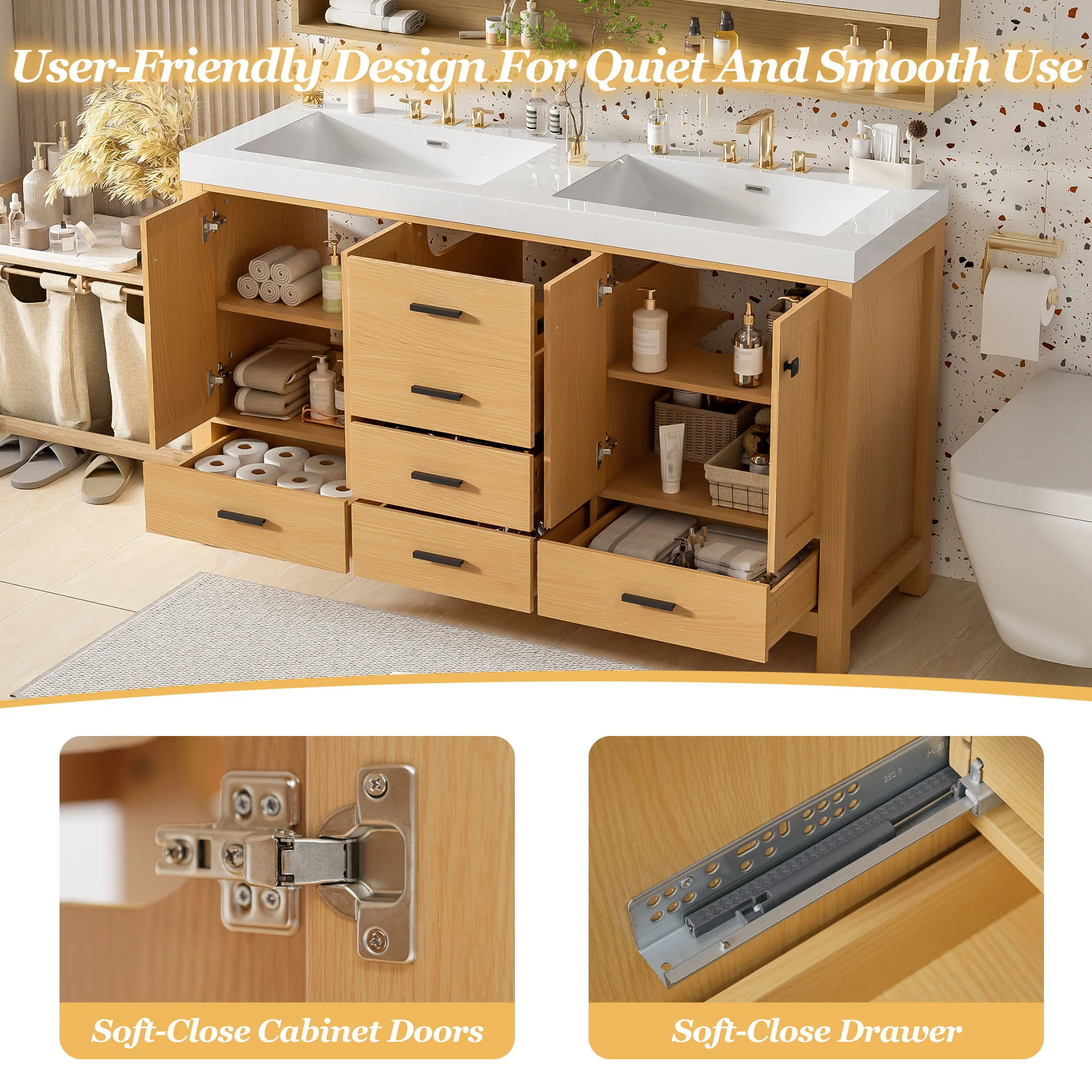 Bathroom Vanity With Double Sink, Soft Close Doors & Drawers Handles - Wood - Image 4