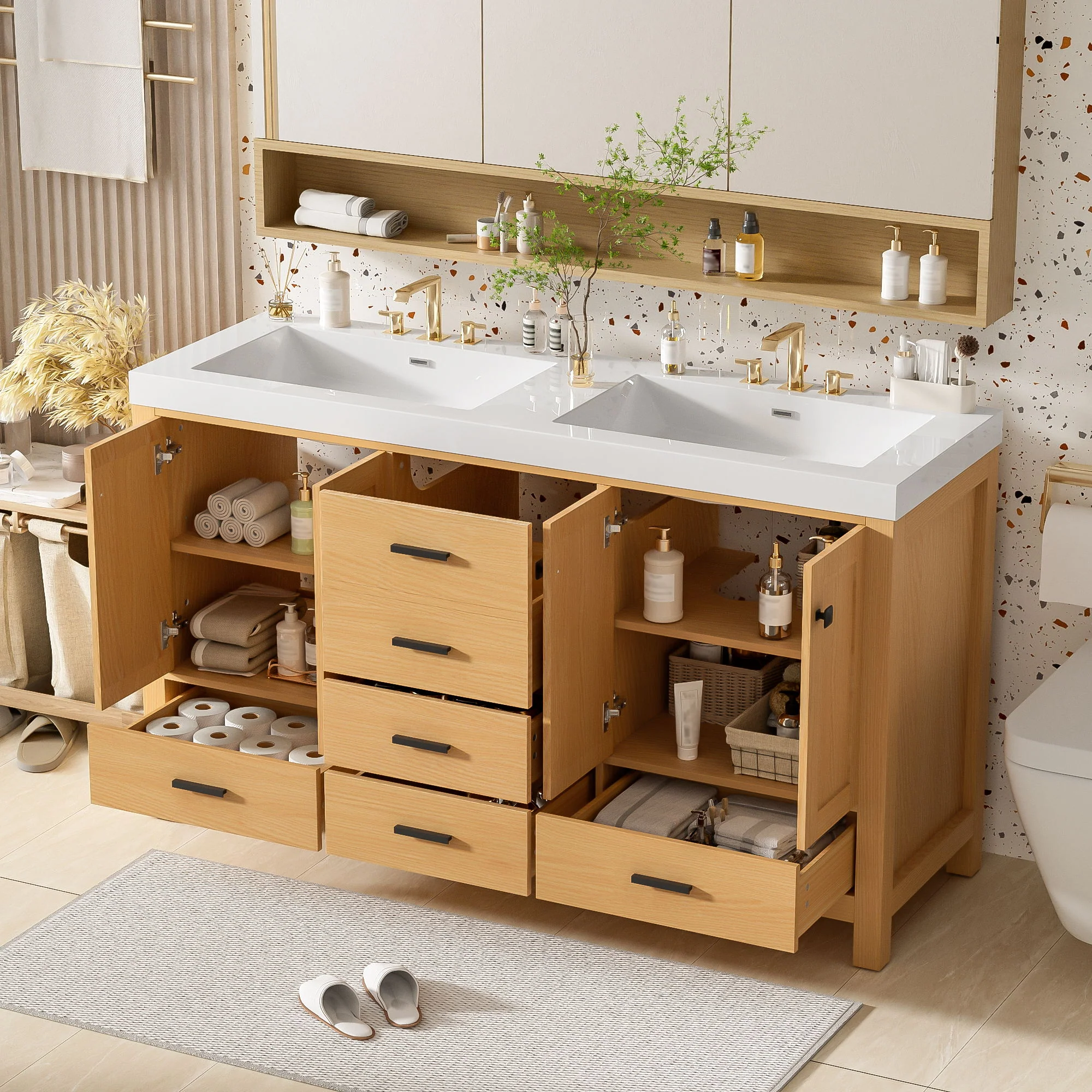 Bathroom Vanity With Double Sink, Soft Close Doors & Drawers Handles - Wood - Image 7