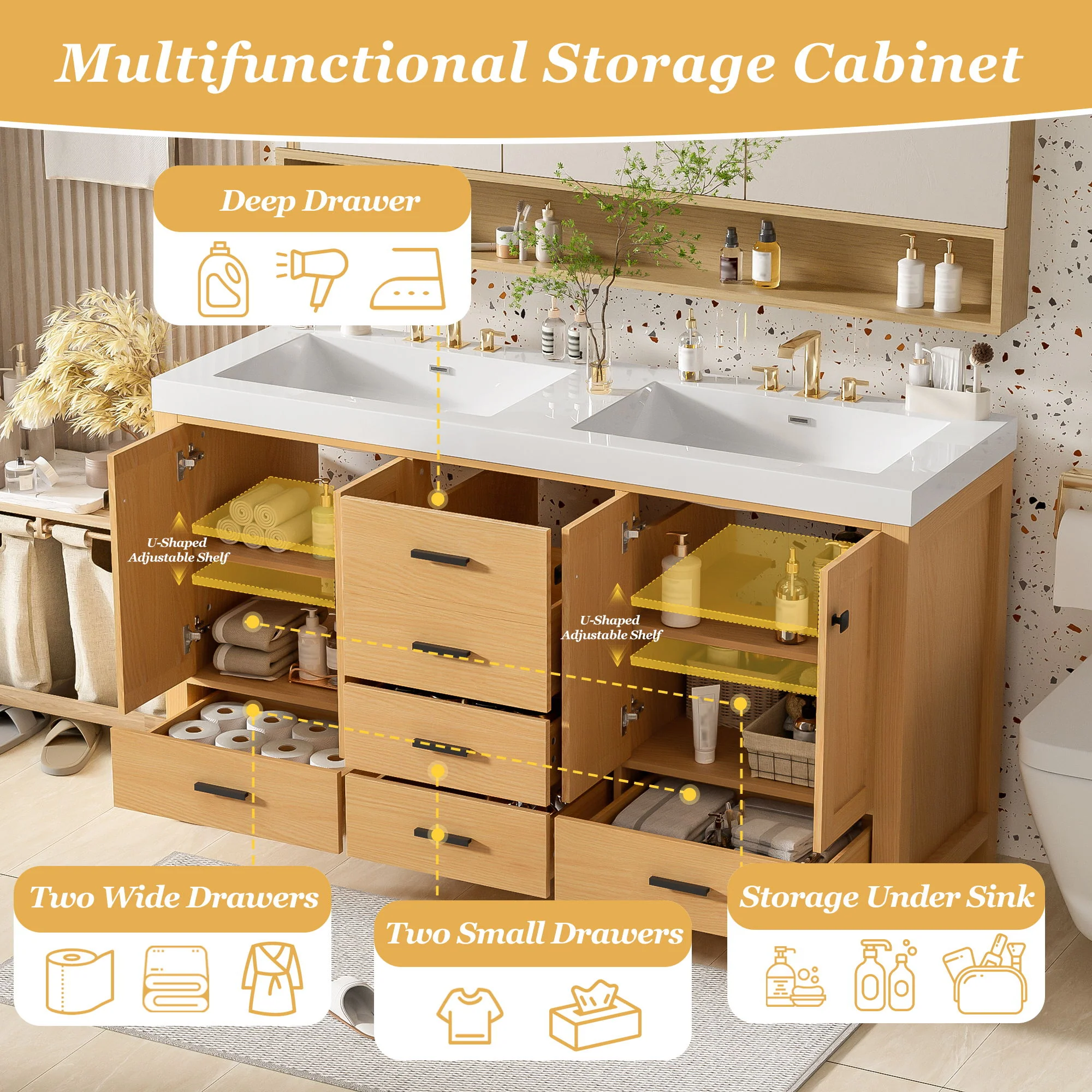Bathroom Vanity With Double Sink, Soft Close Doors & Drawers Handles - Wood - Image 9