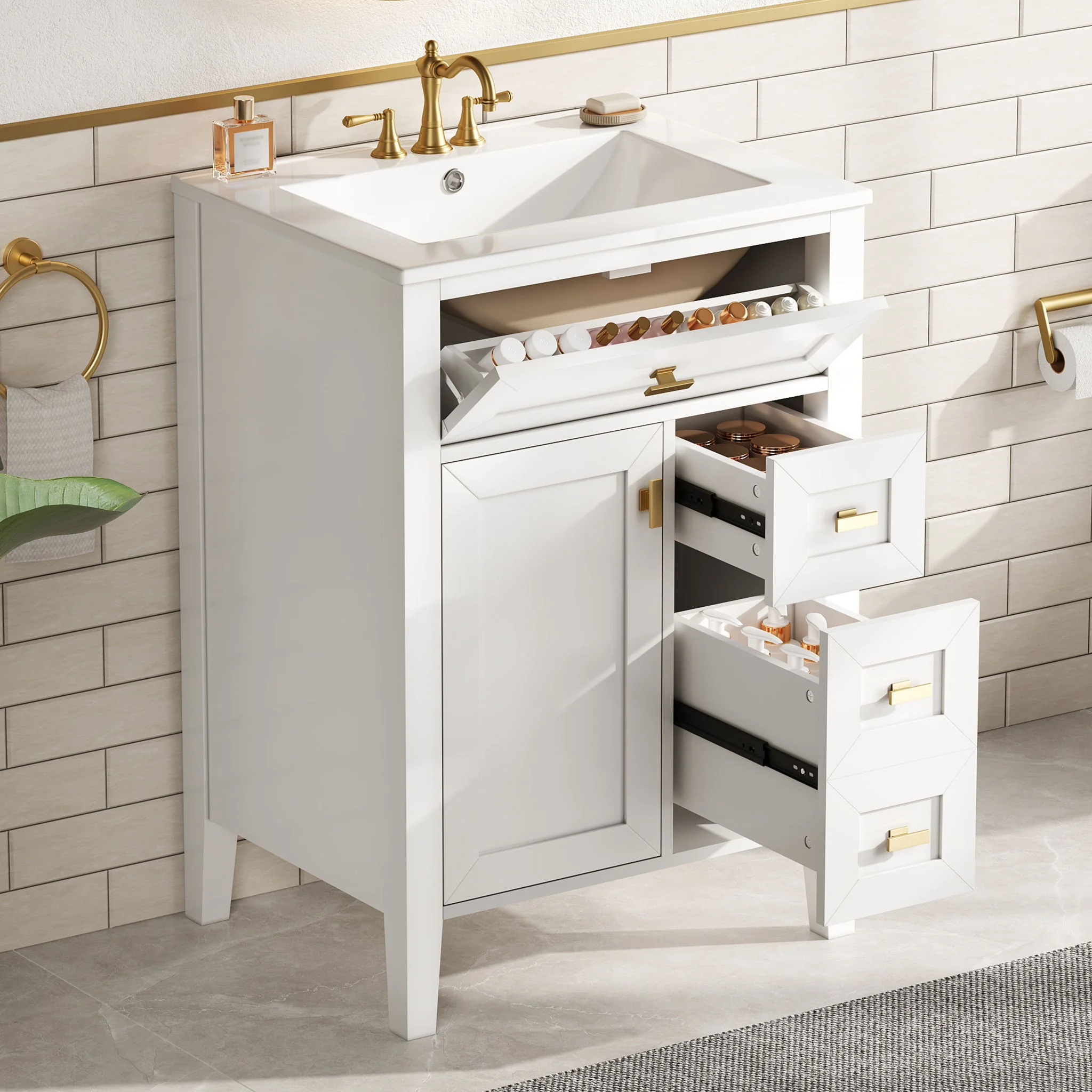 Bathroom Vanity With Sink, 3 Drawers & Cabinet With 2 Tier Door Storage Rack, Soft Close Doors & Drawers - Image 27