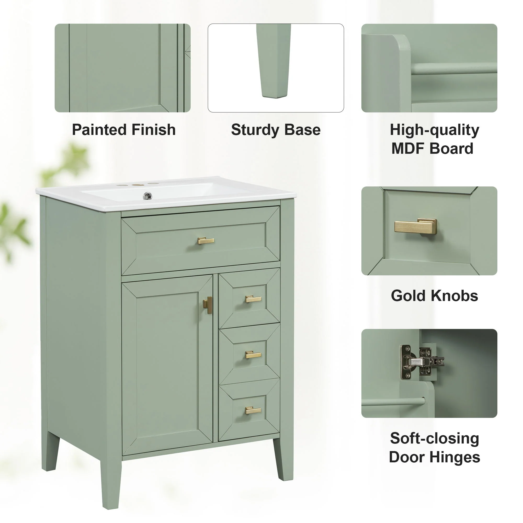 Bathroom Vanity With Sink, 3 Drawers & Cabinet With 2 Tier Door Storage Rack, Soft Close Doors & Drawers - Image 7