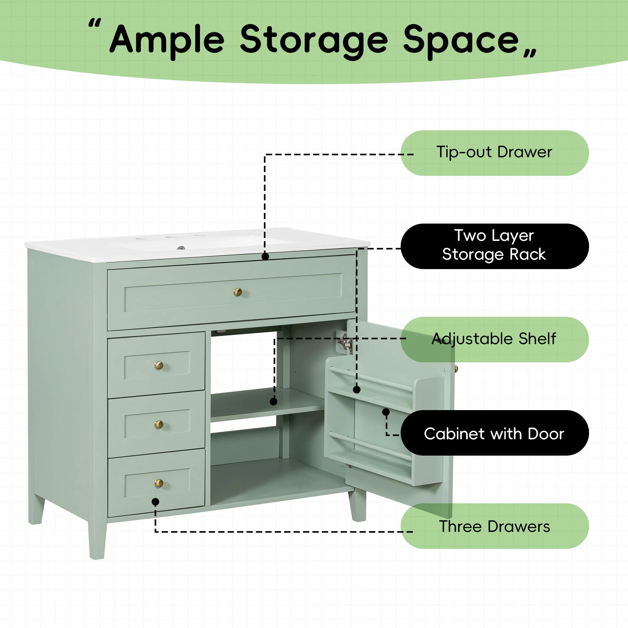 Bathroom Vanity With Sink, 3 Drawers & Cabinet With Adjustable Shelves - Image 19
