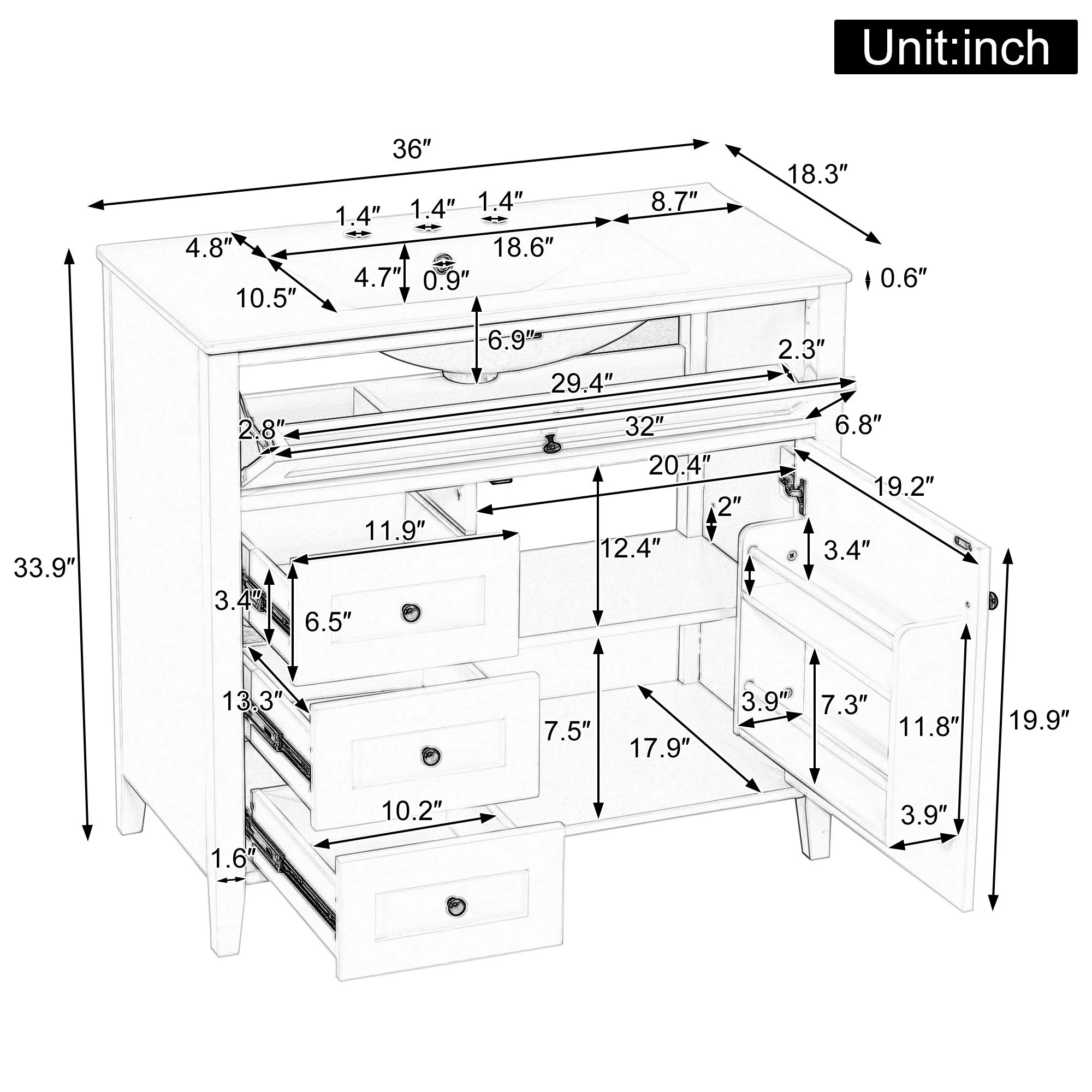 Bathroom Vanity With Sink, 3 Drawers & Cabinet With Adjustable Shelves - Image 28