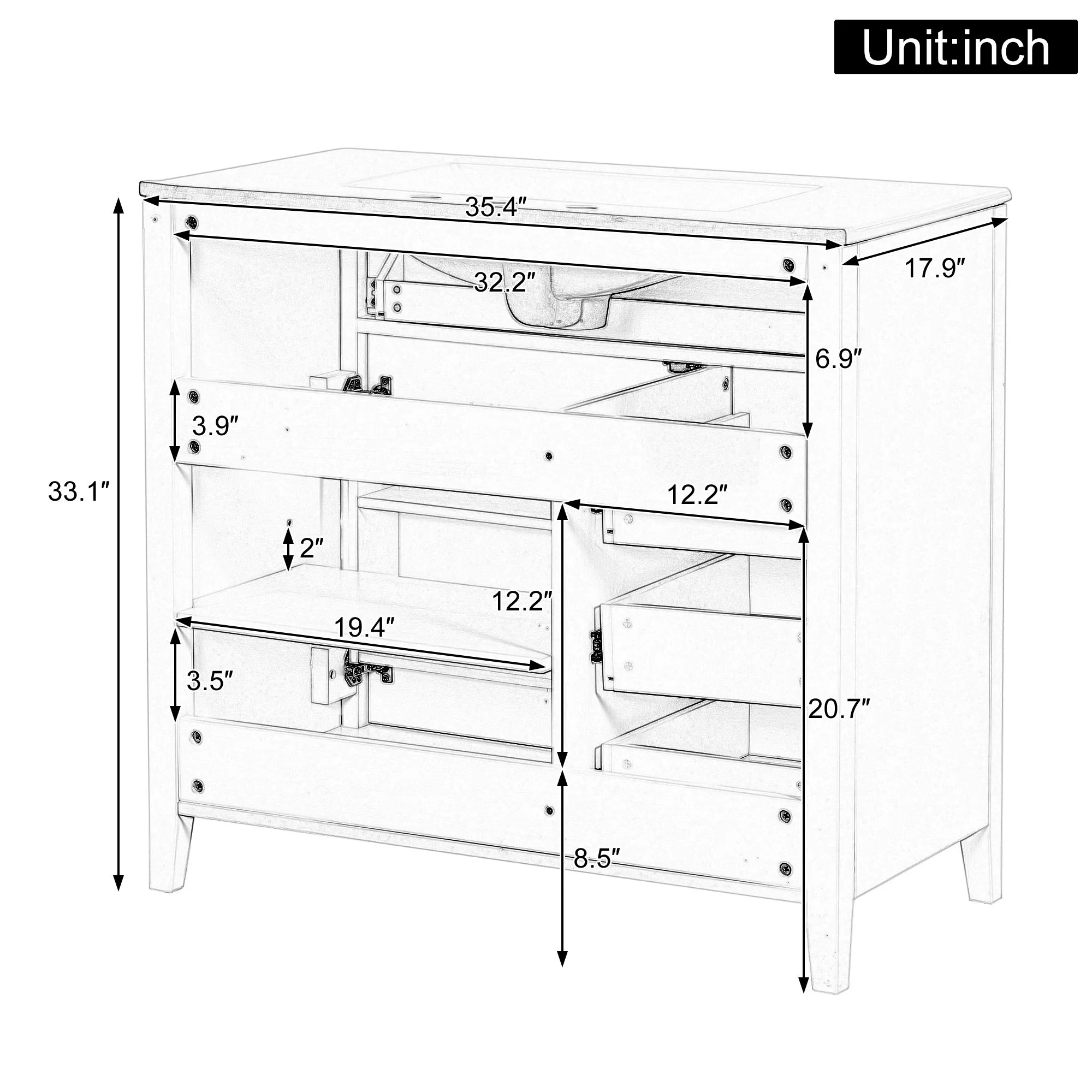 Bathroom Vanity With Sink, 3 Drawers & Cabinet With Adjustable Shelves - Image 34