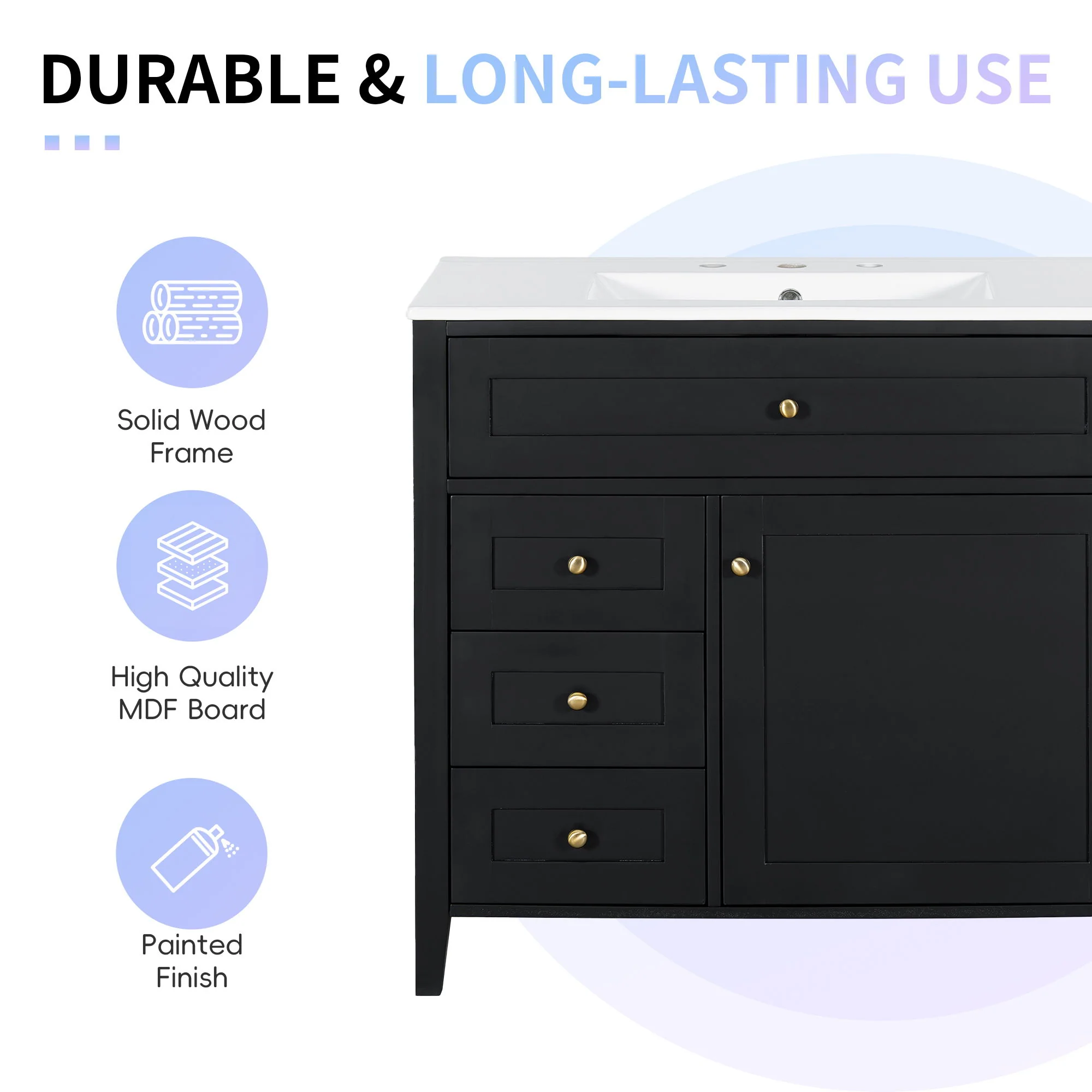 Bathroom Vanity With Sink, 3 Drawers & Cabinet With Adjustable Shelves - Image 7