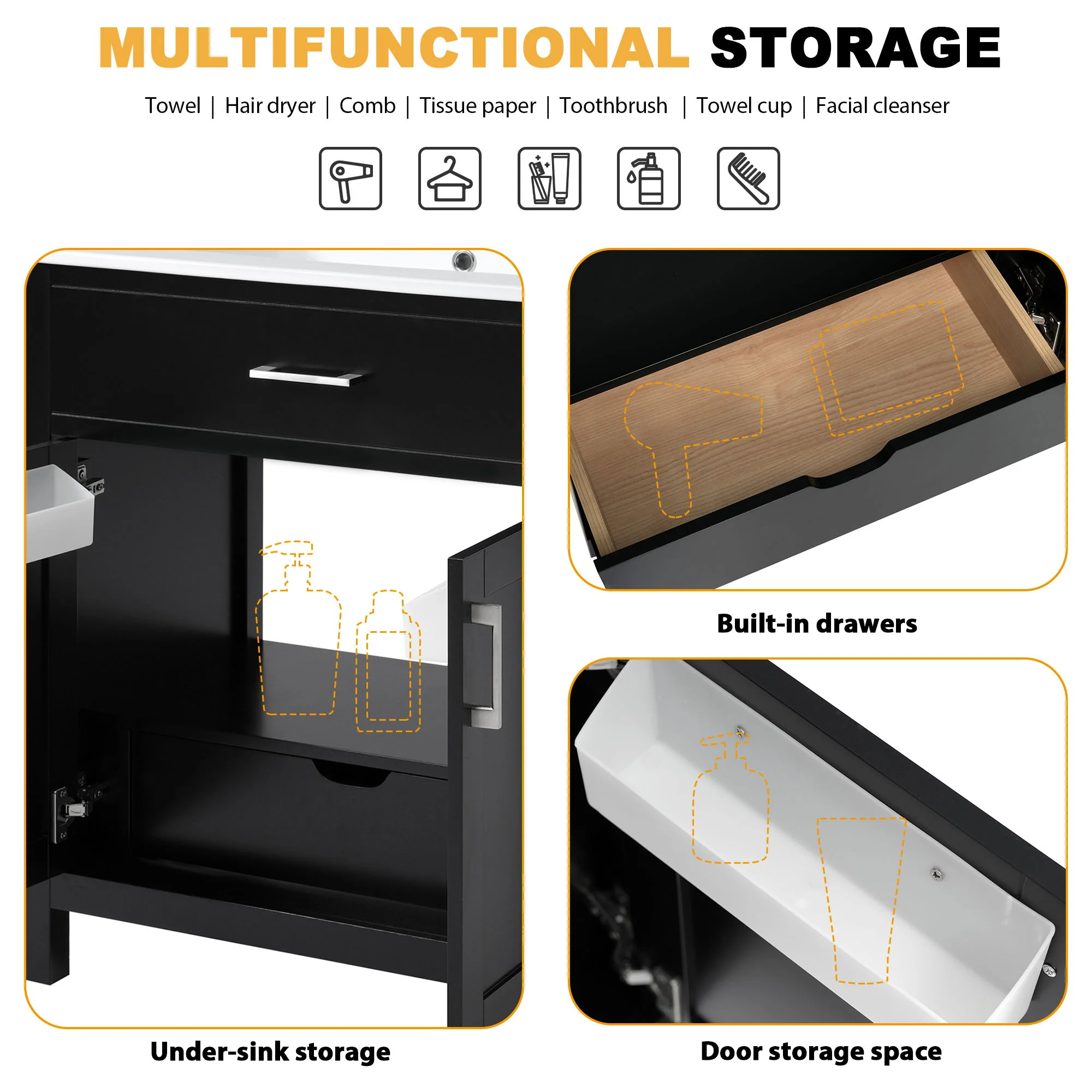 Bathroom Vanity With Sink And Ample Storage, Rectangular Undermount Sink - Black - Image 3