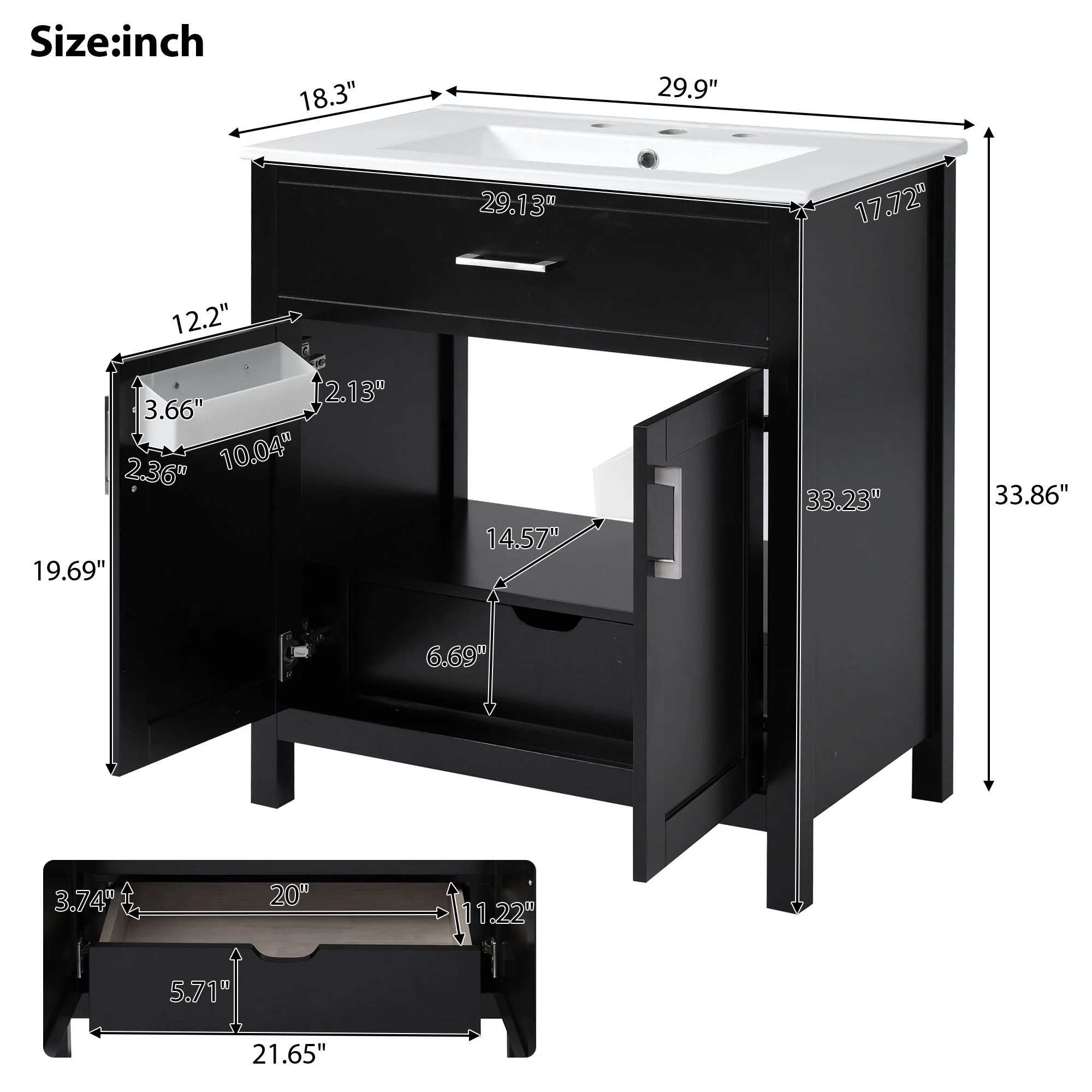 Bathroom Vanity With Sink And Ample Storage, Rectangular Undermount Sink - Black - Image 9