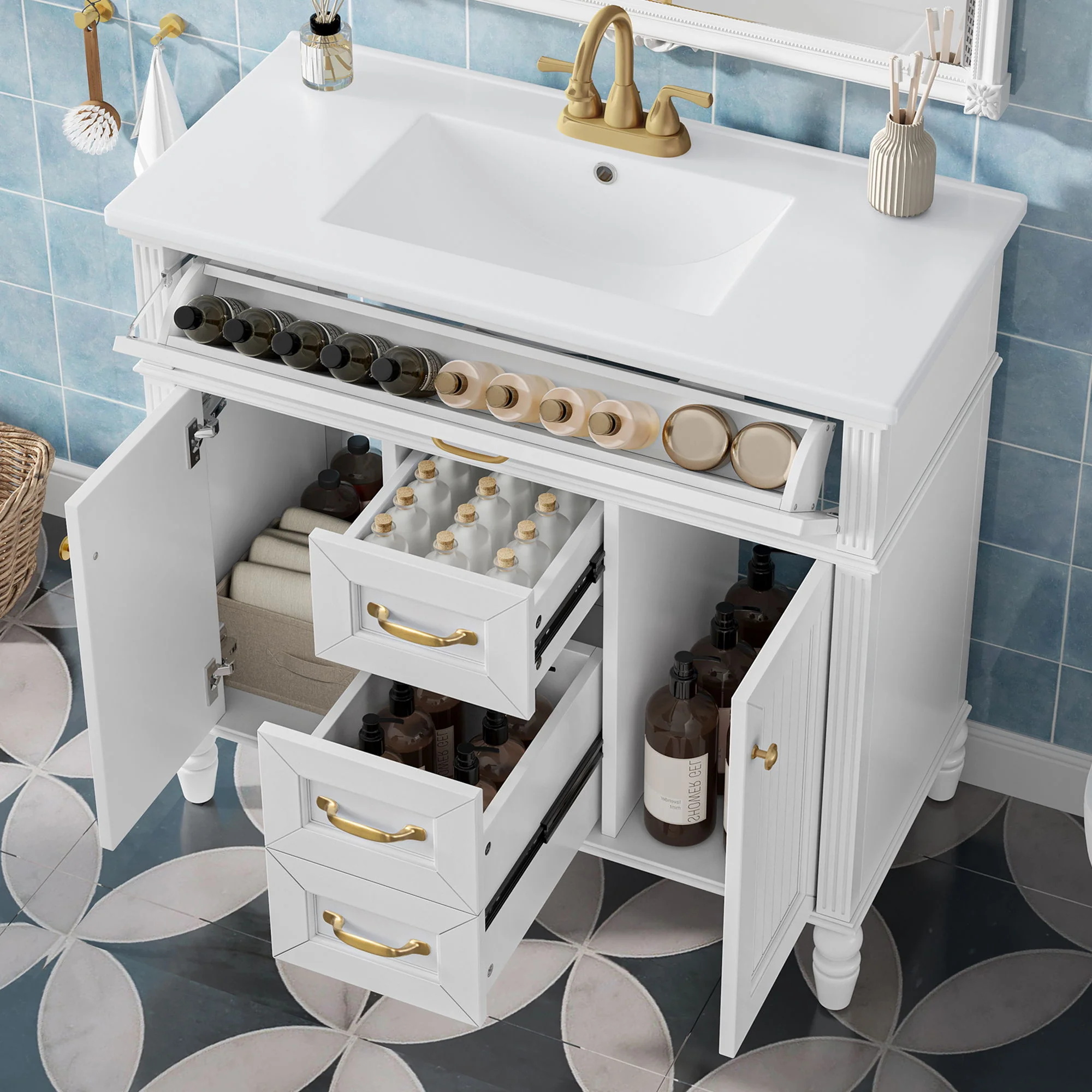 Bathroom Vanity With Sink, Flip-Out Top Drawer, Soft Close Doors, 2 Storage Drawers - Image 13