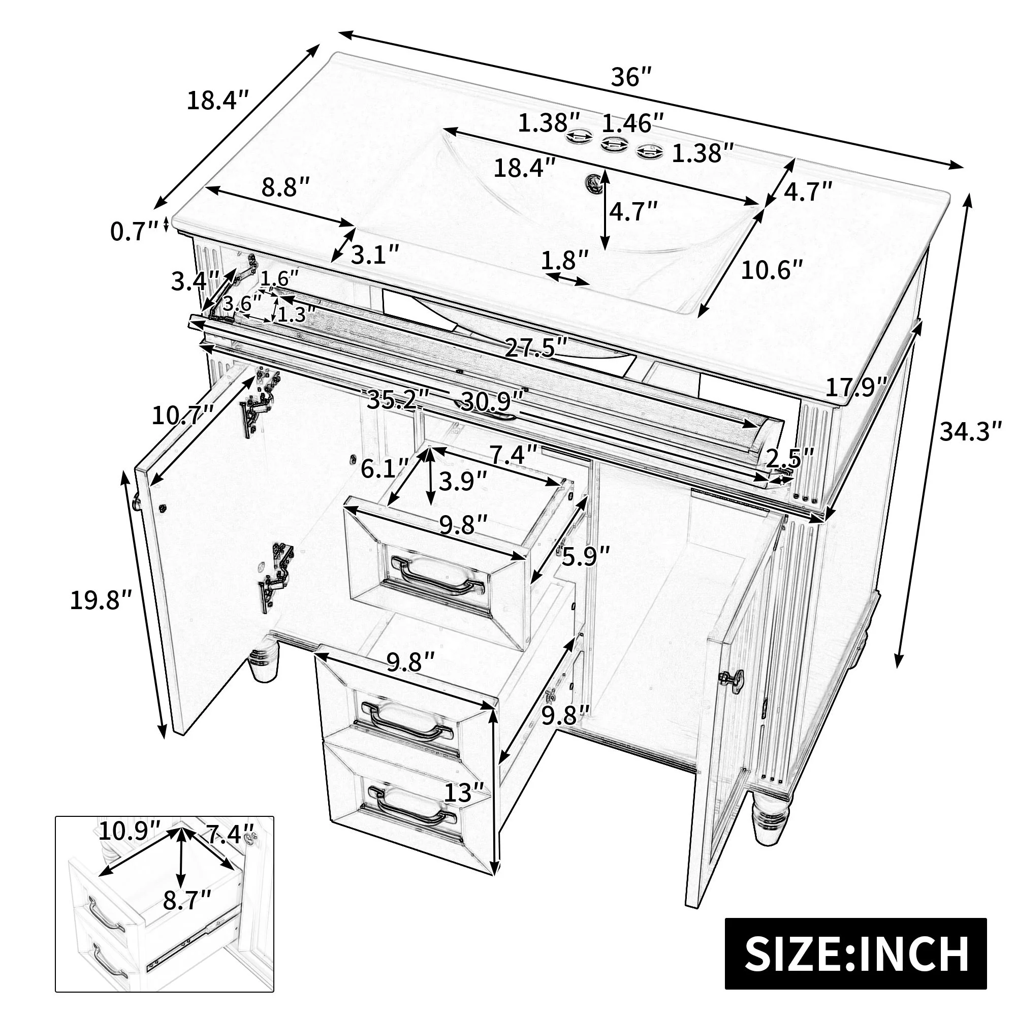 Bathroom Vanity With Sink, Flip-Out Top Drawer, Soft Close Doors, 2 Storage Drawers - Image 17