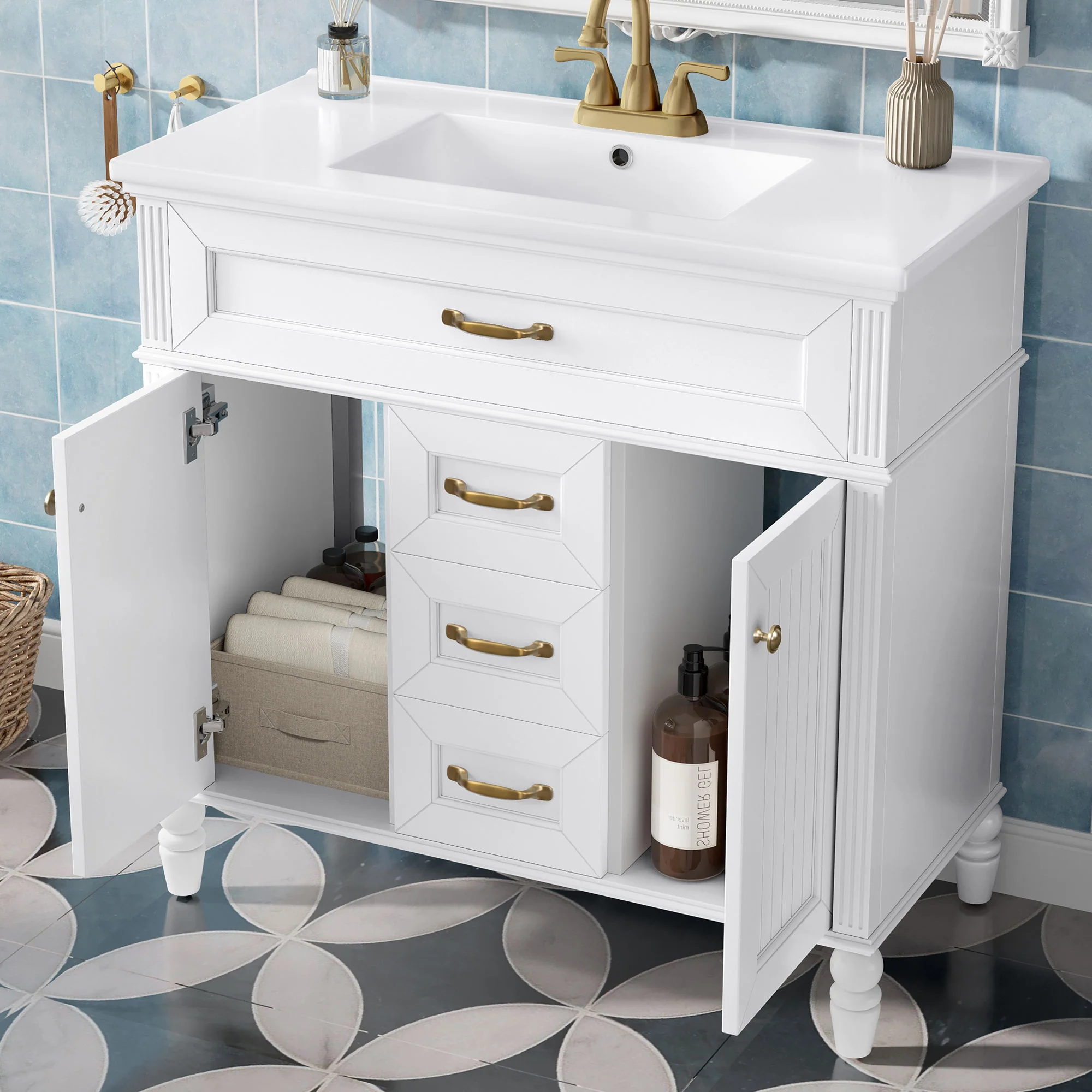 Bathroom Vanity With Sink, Flip-Out Top Drawer, Soft Close Doors, 2 Storage Drawers - Image 23