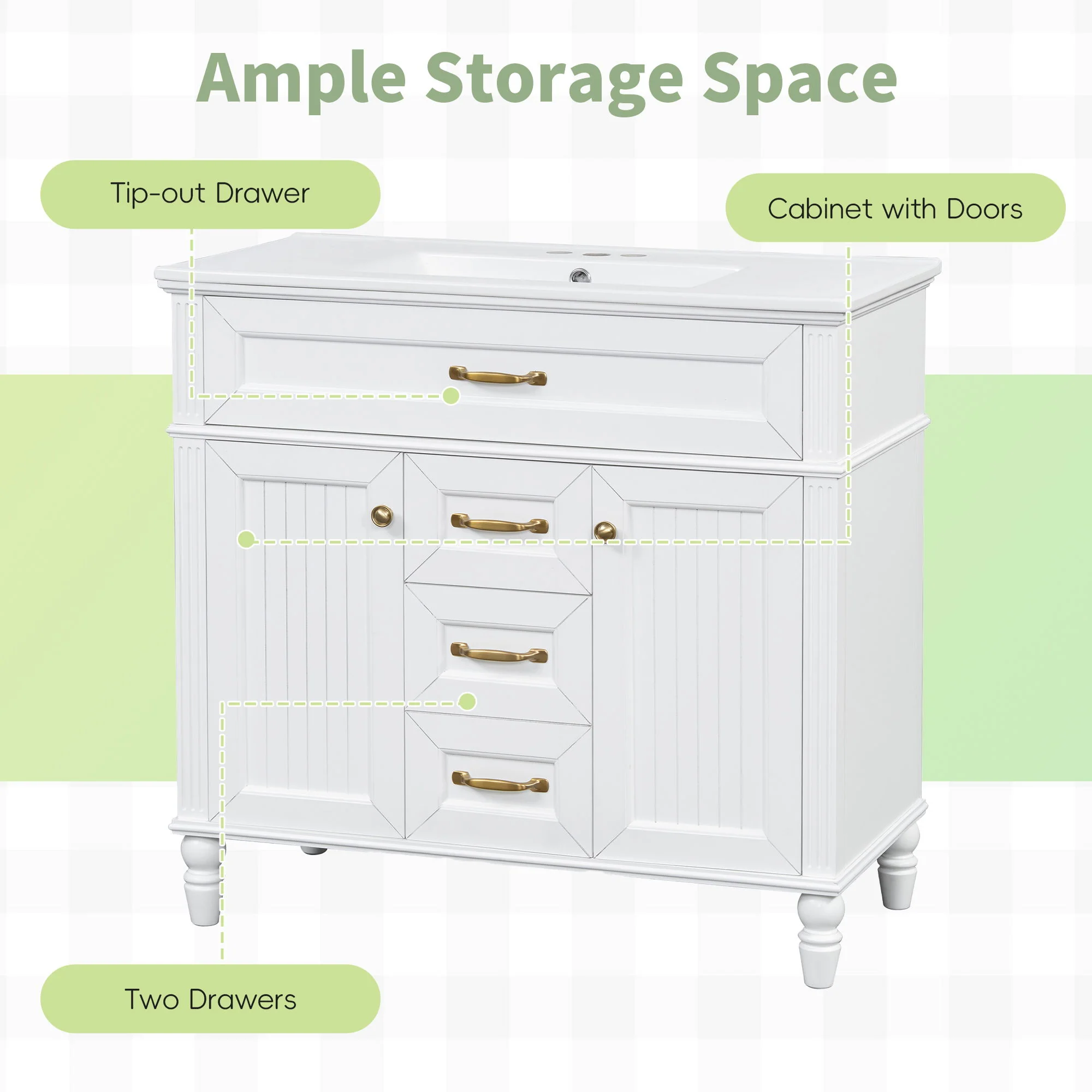 Bathroom Vanity With Sink, Flip-Out Top Drawer, Soft Close Doors, 2 Storage Drawers - Image 24