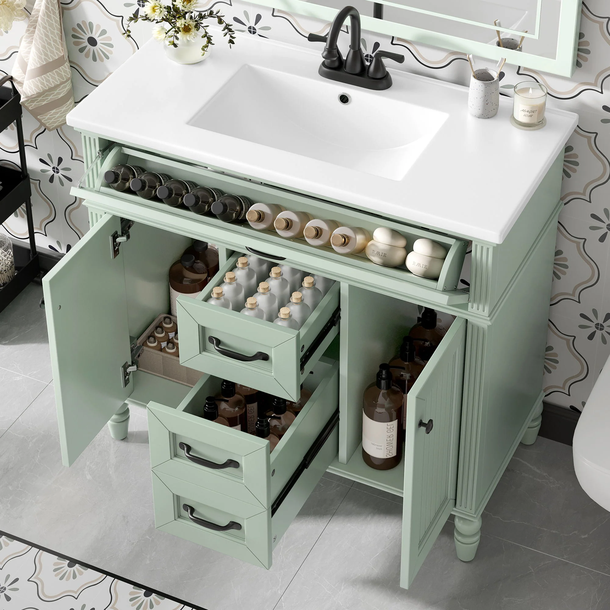 Bathroom Vanity With Sink, Flip-Out Top Drawer, Soft Close Doors, 2 Storage Drawers - Image 25