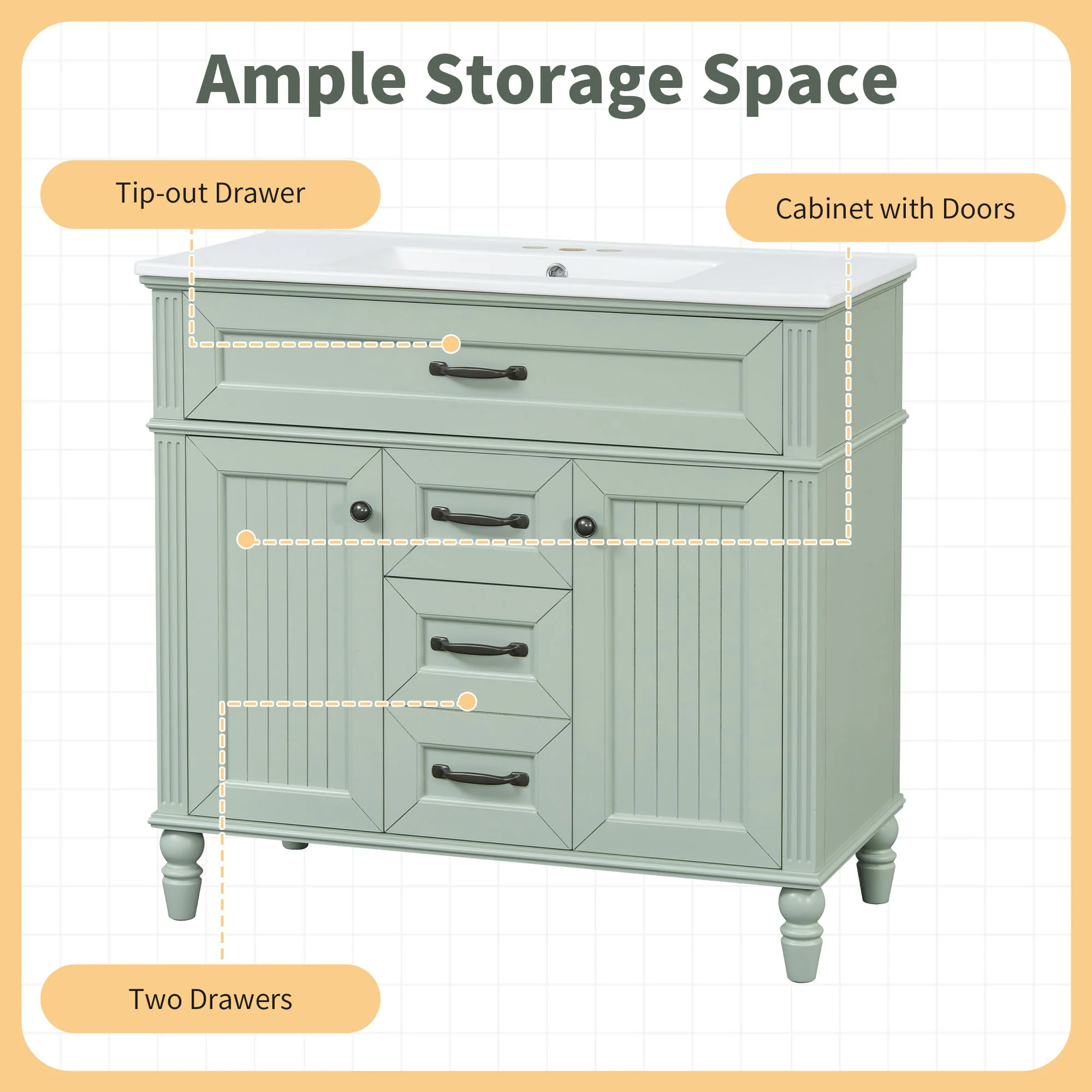 Bathroom Vanity With Sink, Flip-Out Top Drawer, Soft Close Doors, 2 Storage Drawers - Image 27