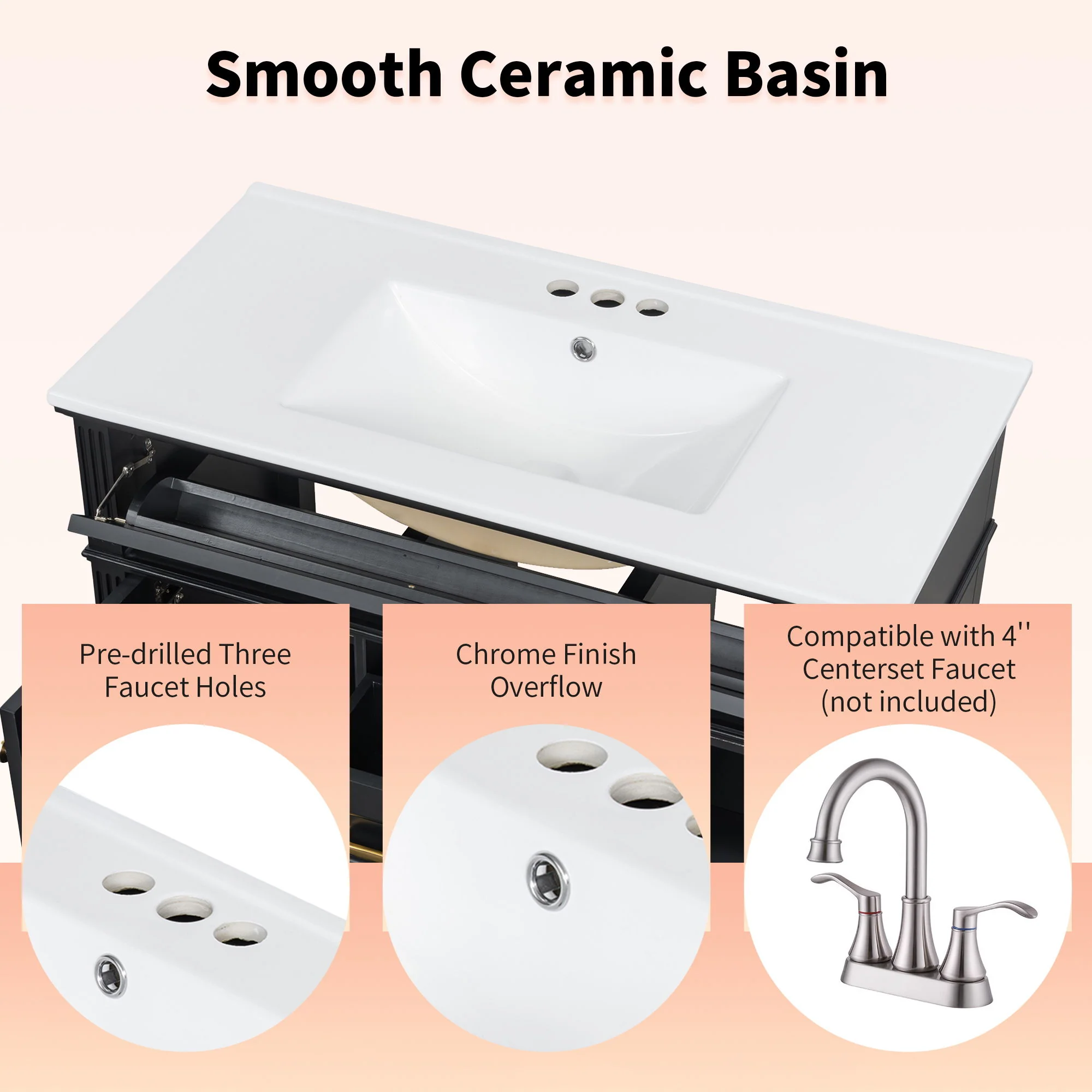 Bathroom Vanity With Sink, Flip-Out Top Drawer, Soft Close Doors, 2 Storage Drawers - Image 4