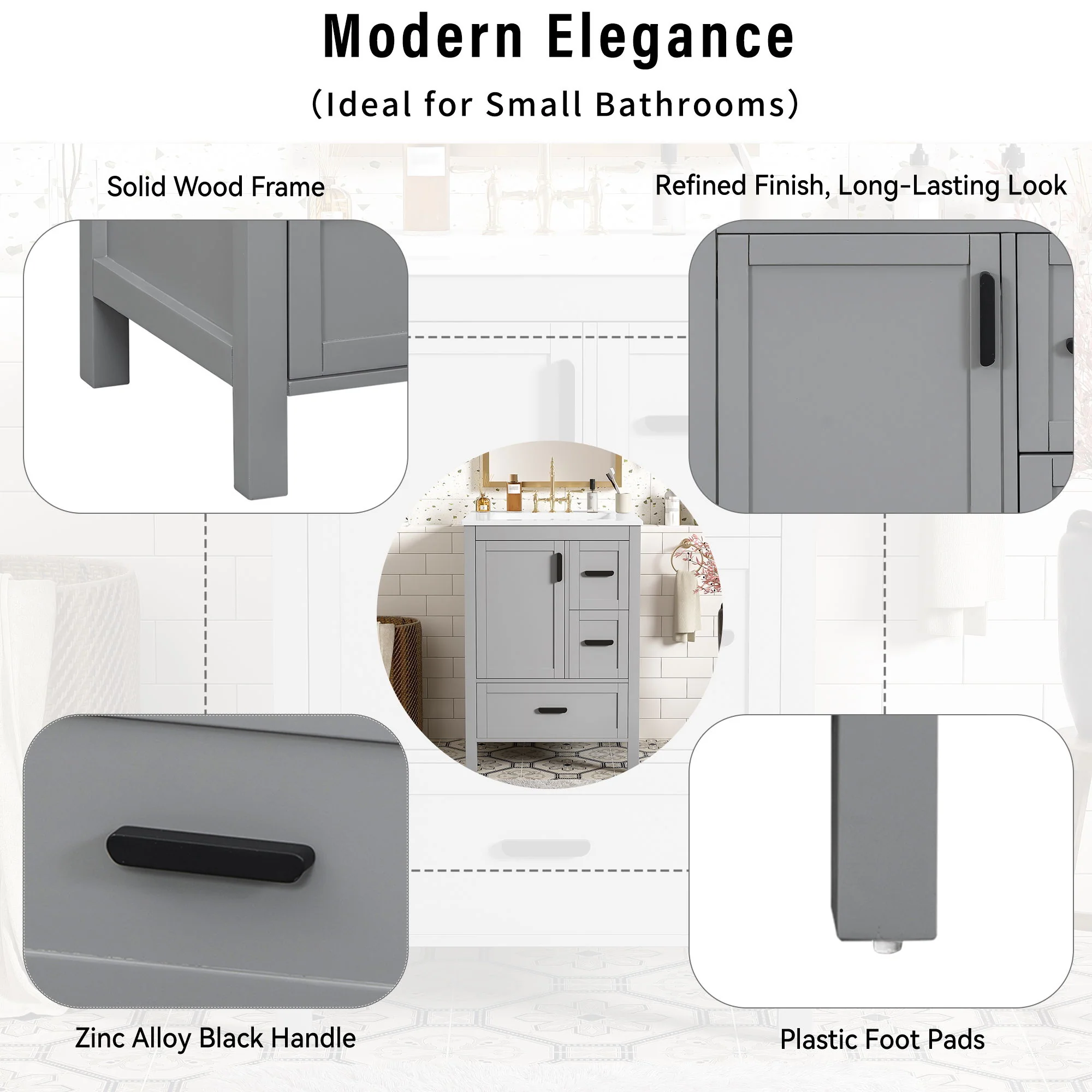 Bathroom Vanity With Sink, Soft Close Door, Double Layer Door Shelf And 3 Drawers - Gray - Image 9