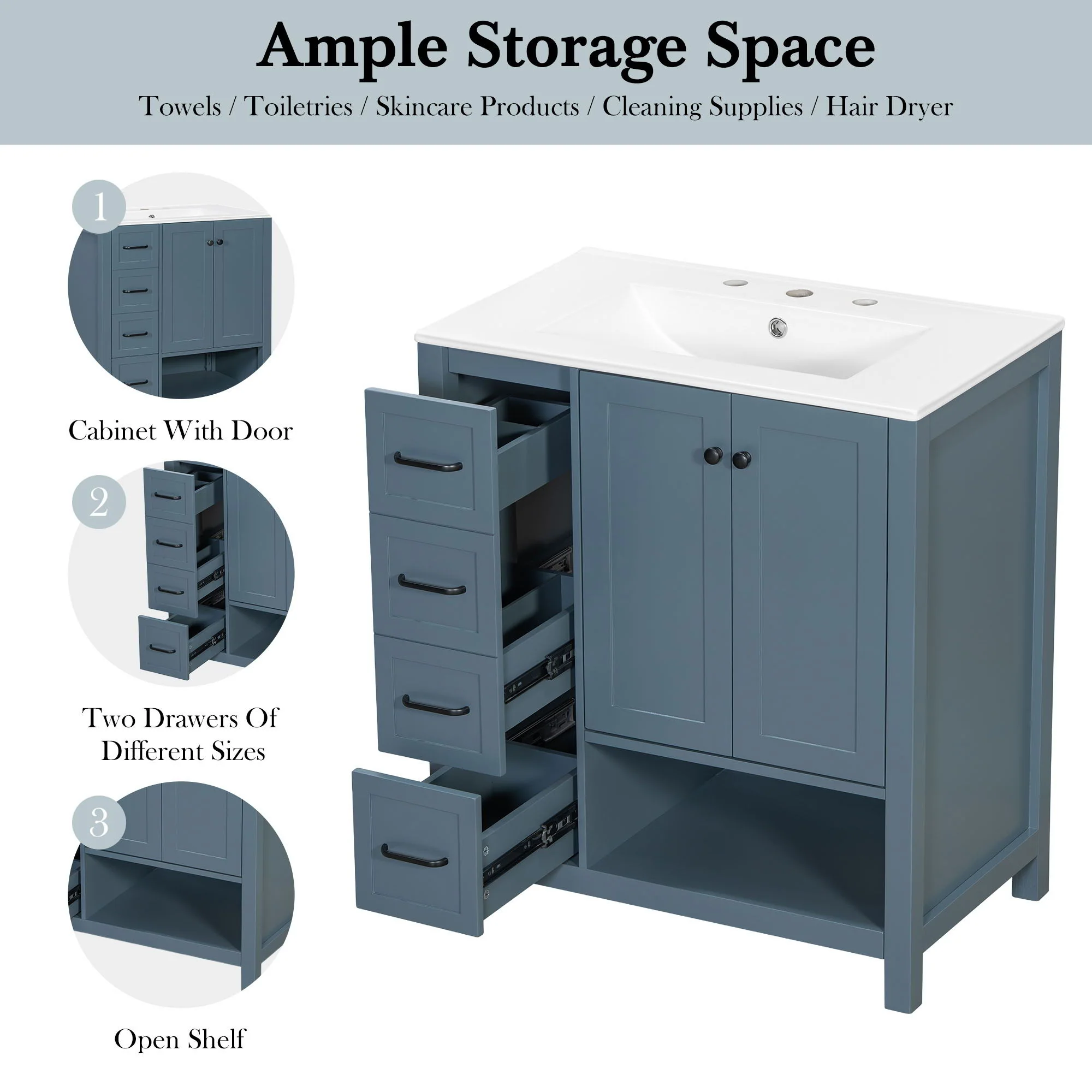 Bathroom Vanity With Sink Top, Bathroom Vanity Cabinet With 2 Doors And 2 Drawers, Open Shelf - Image 18