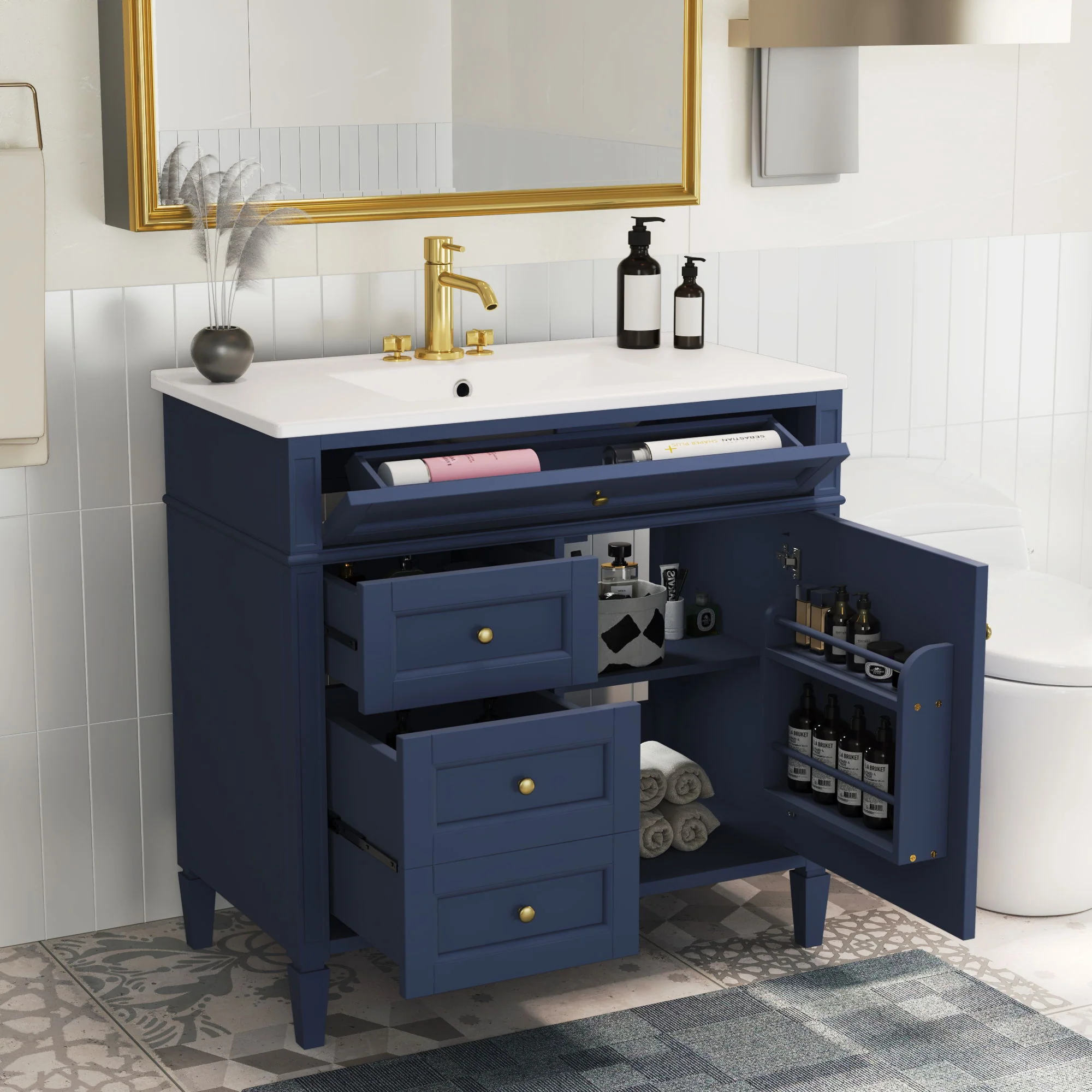 Bathroom Vanity With Top Sink, Modern Bathroom Storage Cabinet, 2 Drawers And A Tip-Out Drawer, Single Sink Bathroom Vanity - Blue - Image 2