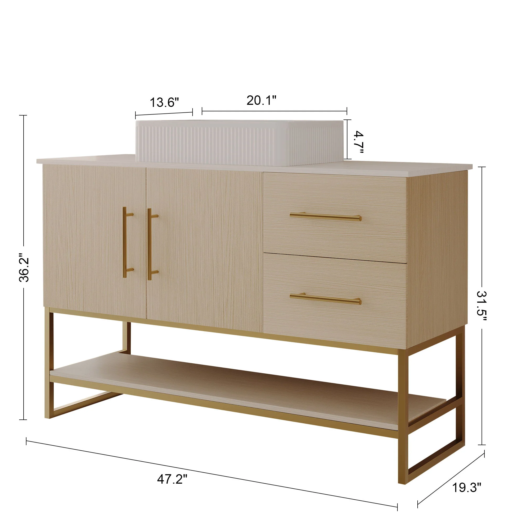 Bathroom Vanity With Vessel Sink Accent Free Standing Cabinet - Ameican White Oak / Gold / White - Image 9