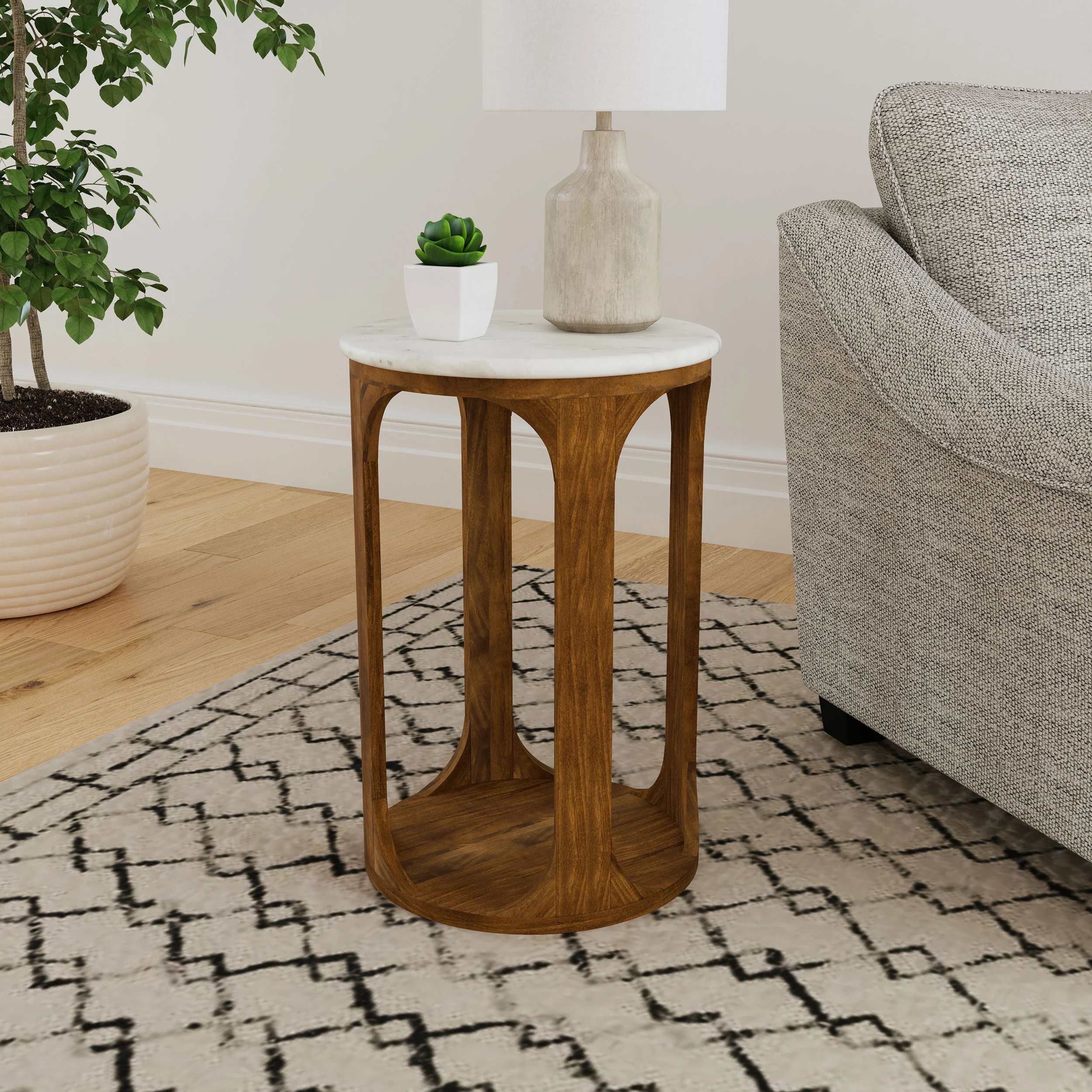 Berkeley Round Marble Top Side Table, White and Brown - Image 3
