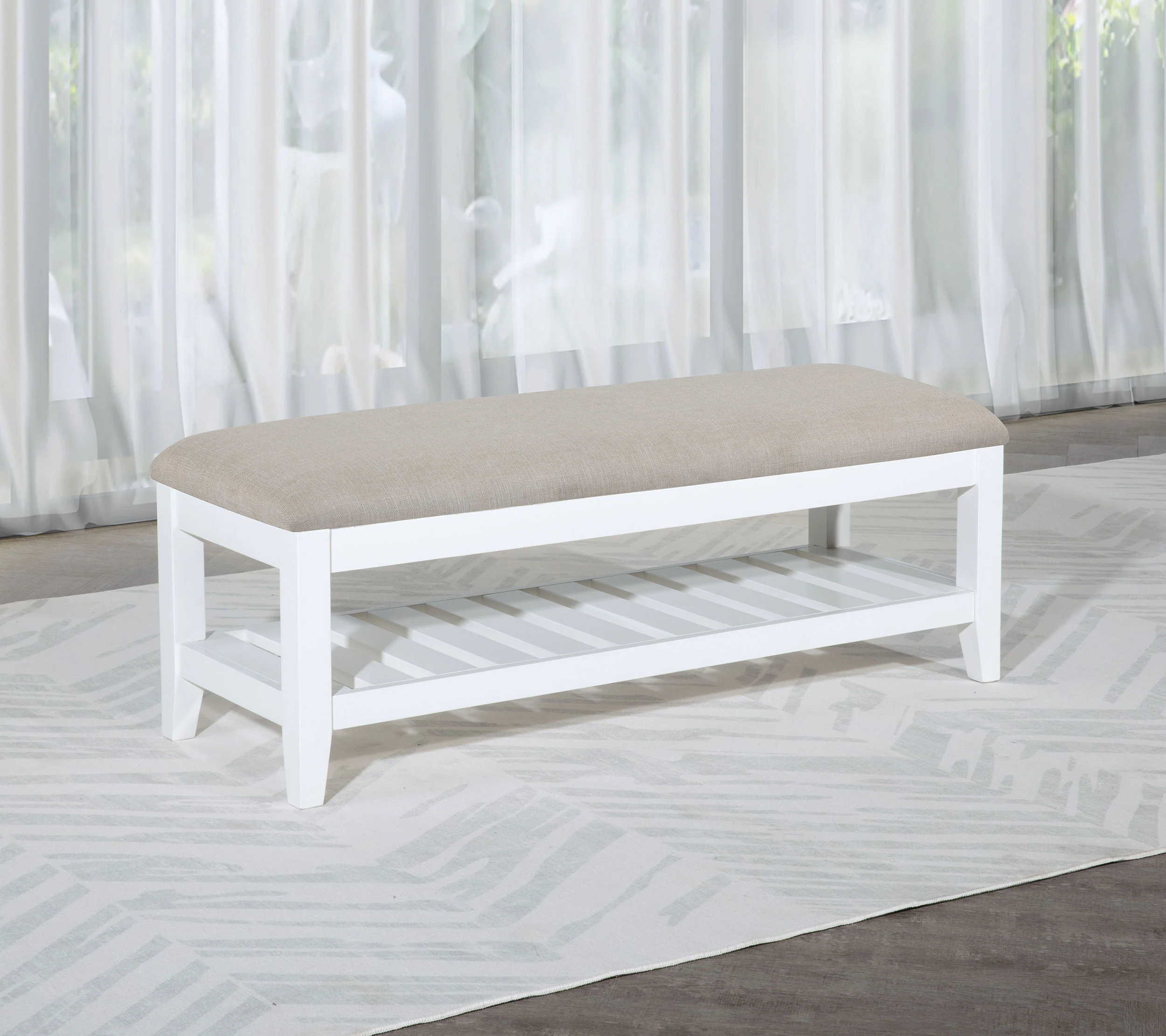 Bexhill Upholstered Rectangular Bench with Shelf - White - Image 3