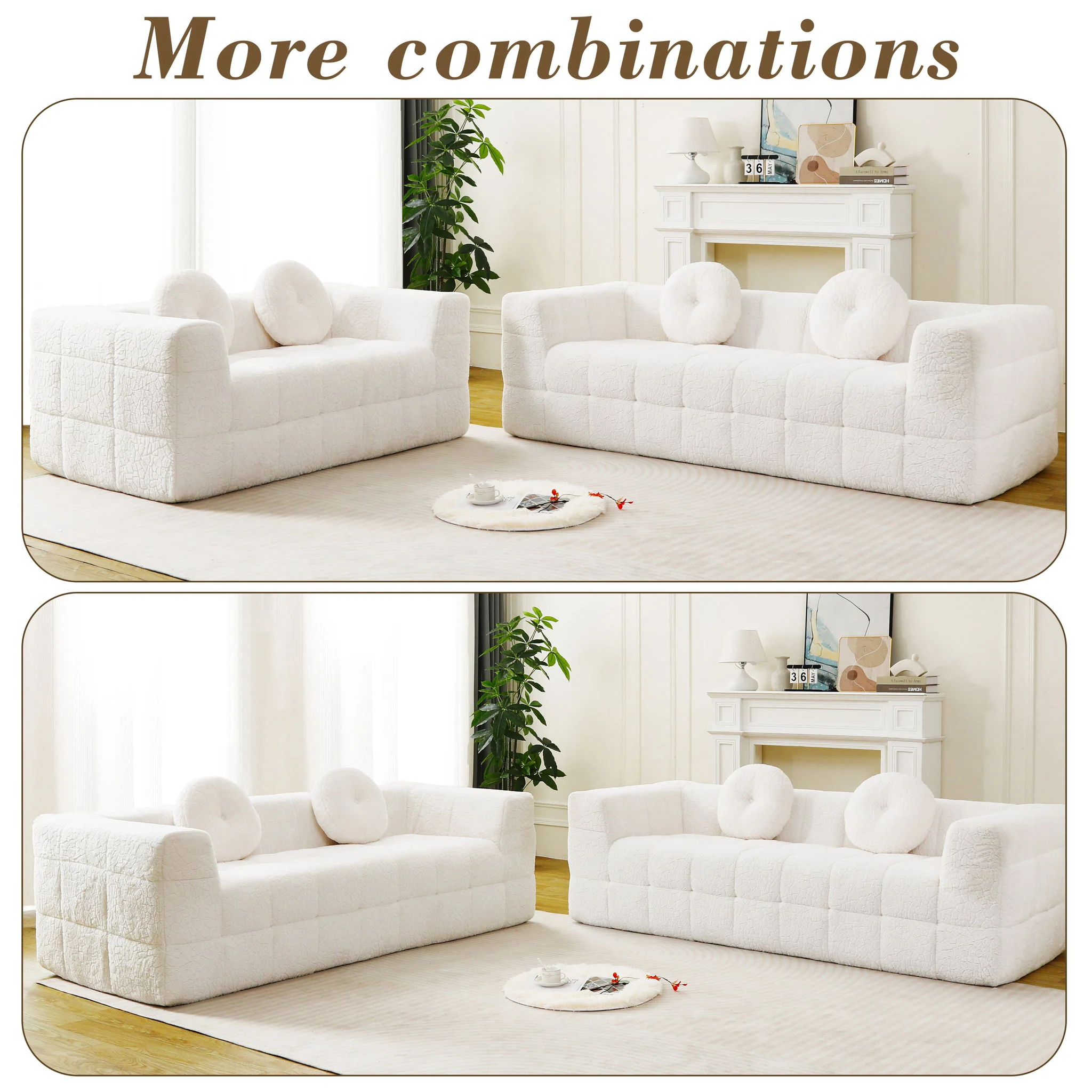 Boneless 3 Seater Sofa With Circular Throw Pillows - Beige - Image 5
