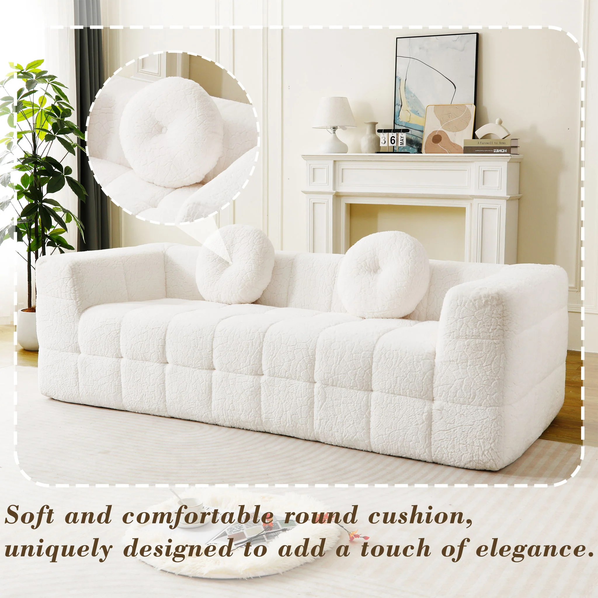Boneless 3 Seater Sofa With Circular Throw Pillows - Beige - Image 8