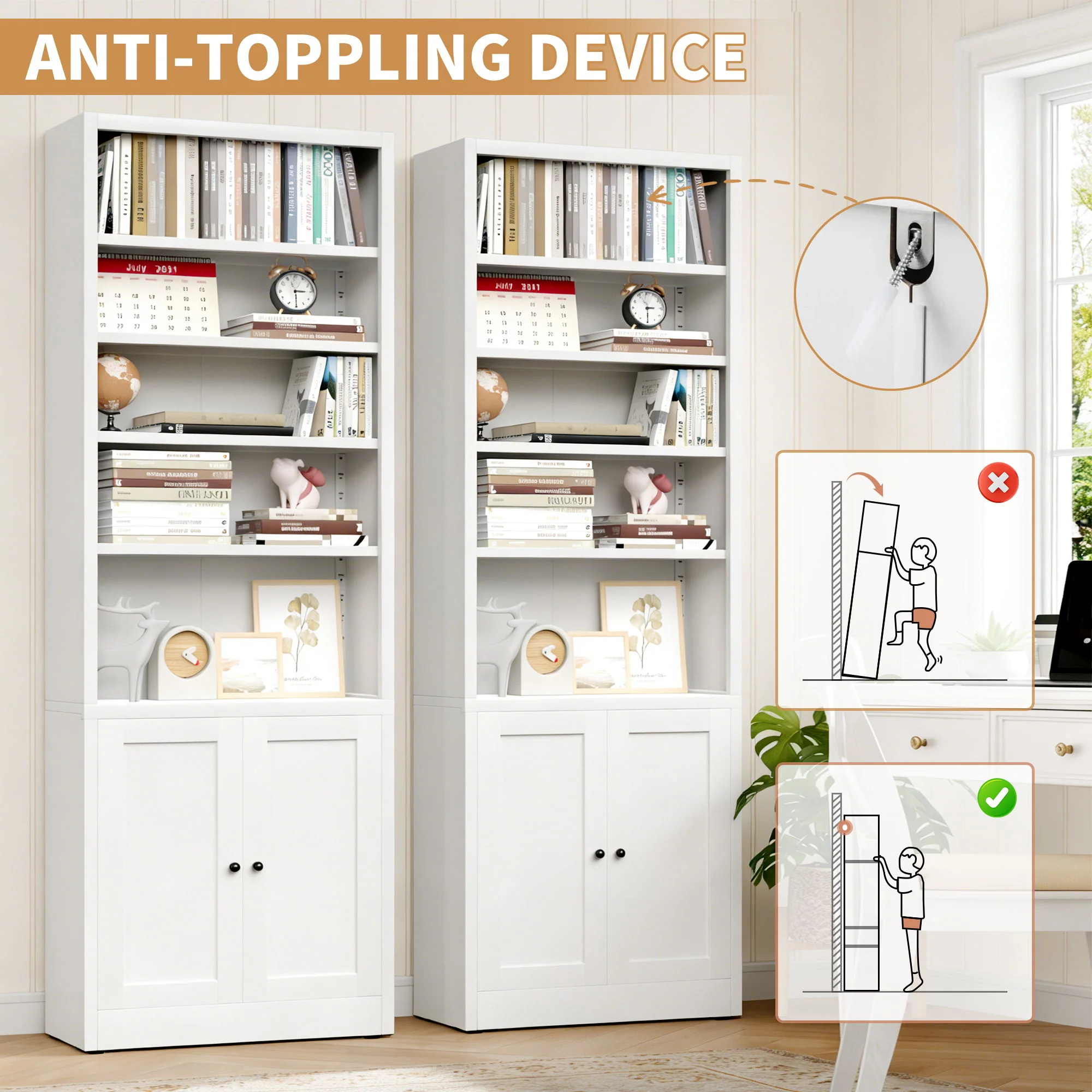 Bookcase Tall 5-Tier Adjustable Storage Shelf With Door Deep - White - Image 4