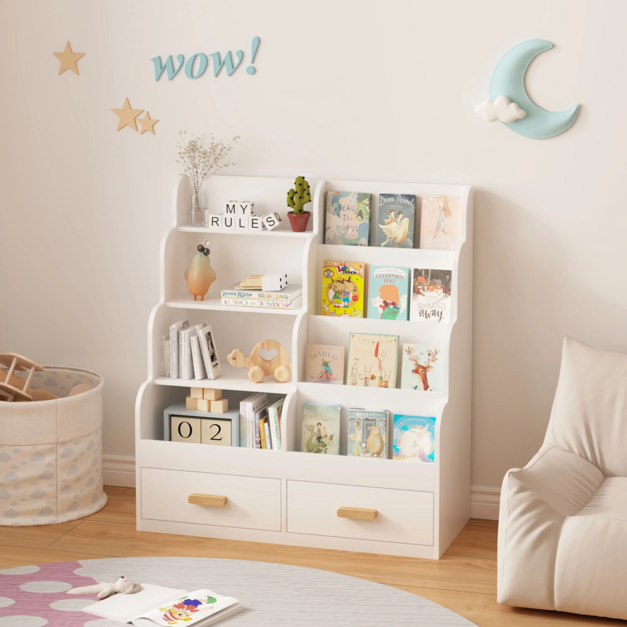 Bookshelf With 2 Storage Drawers, Front Facing Bookcase And Toy Organizer, Multi Tier Reading Shelf - White - Image 5